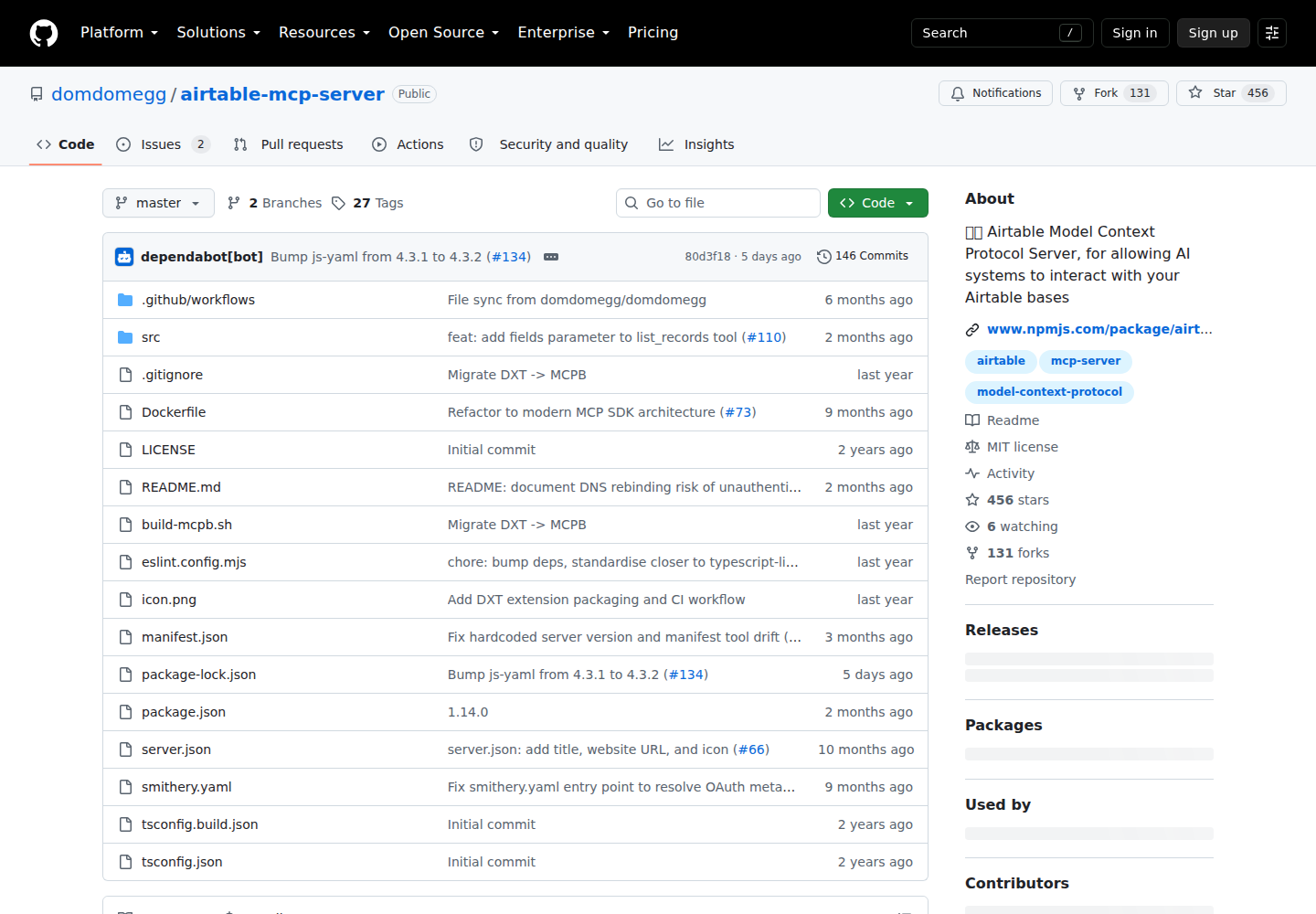 The Airtable MCP server repository — a community stdio implementation that exposes base and table operations as MCP tools