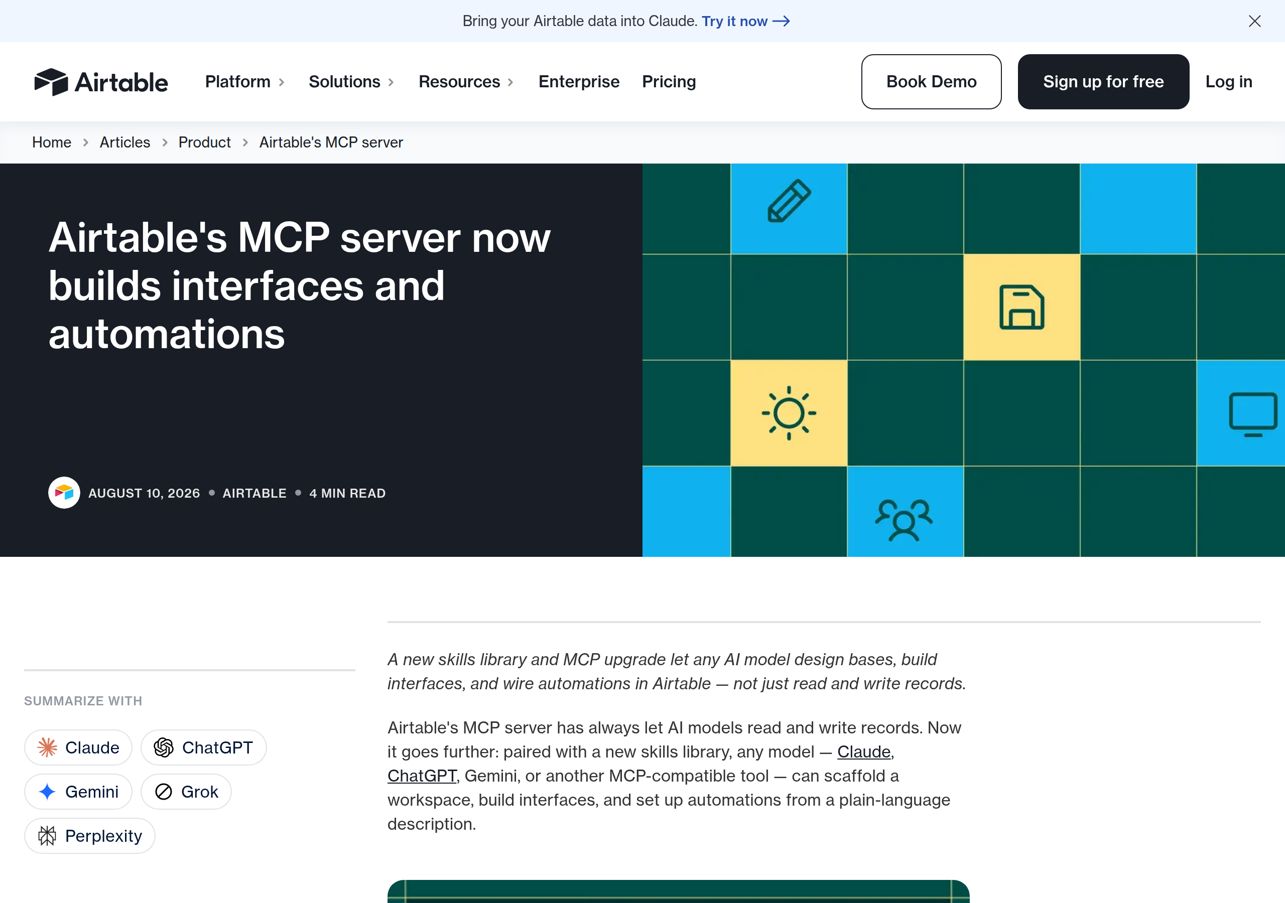 Airtable's MCP server article — the August 2026 update added base design, interface building, and automation creation from natural language