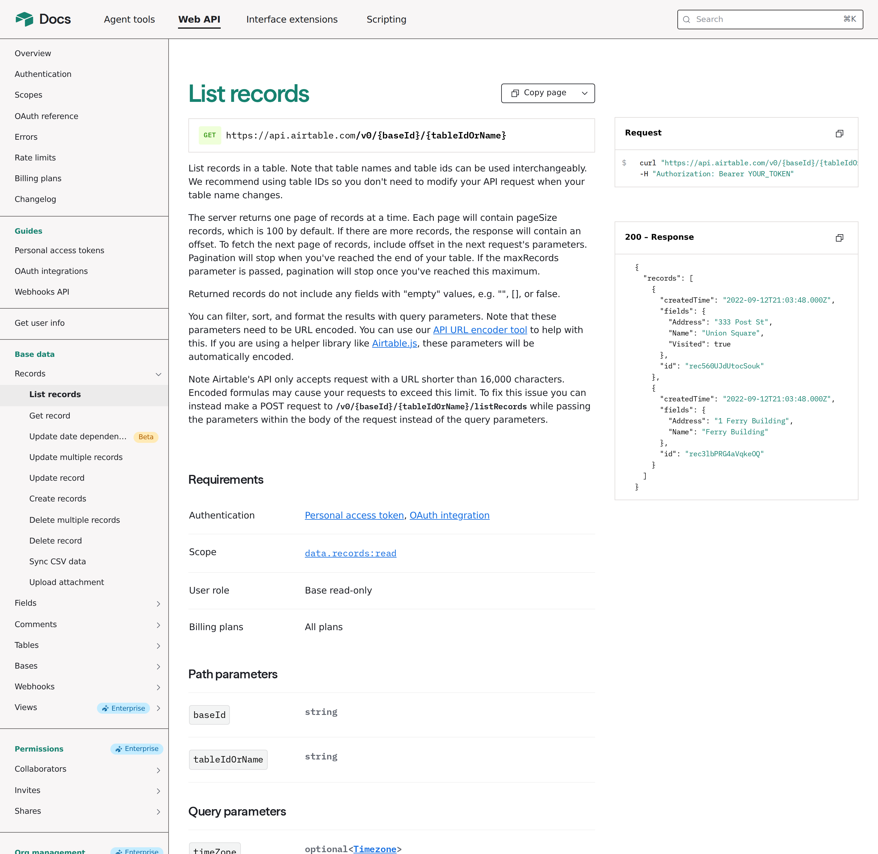 Airtable list records API documentation