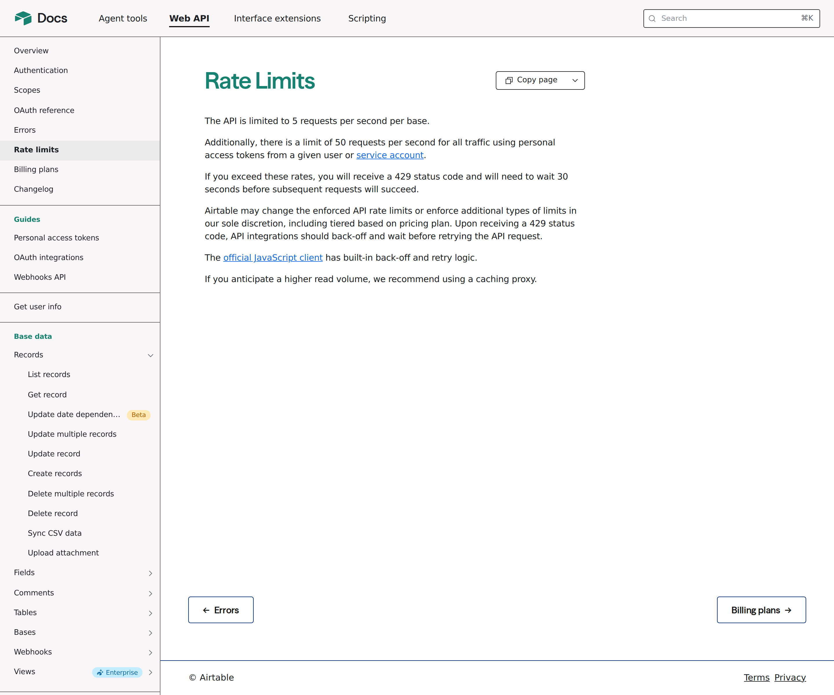 Airtable API rate limits documentation