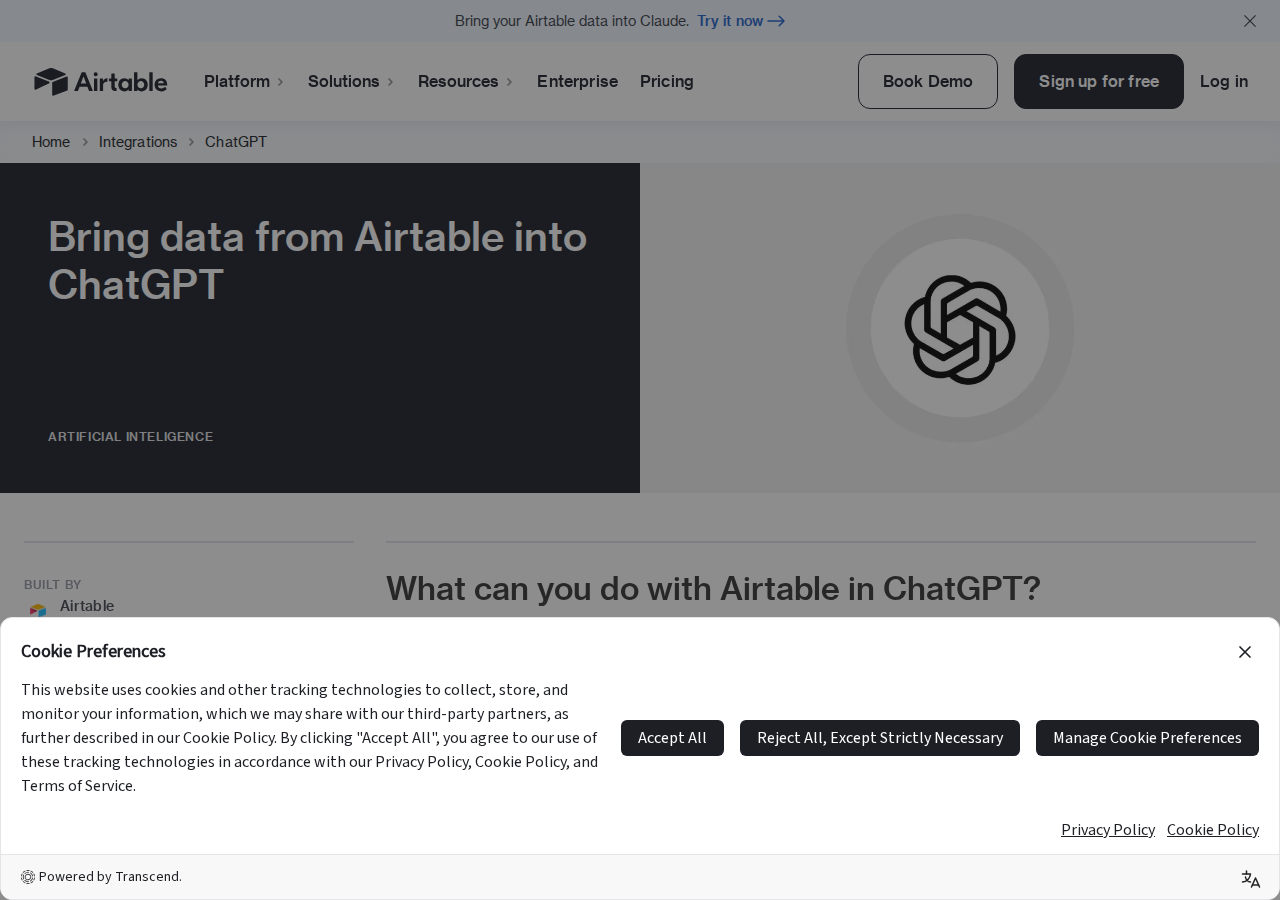 Airtable ChatGPT integration — official product page showing the native connector and ChatGPT workspace