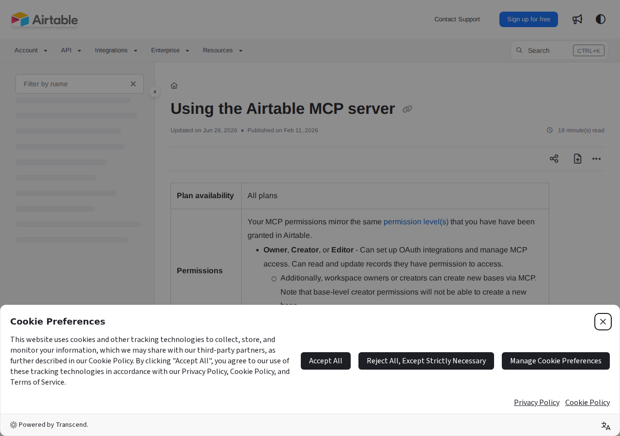 Airtable MCP server documentation — official API reference showing setup options for Claude, ChatGPT, Cursor, and more