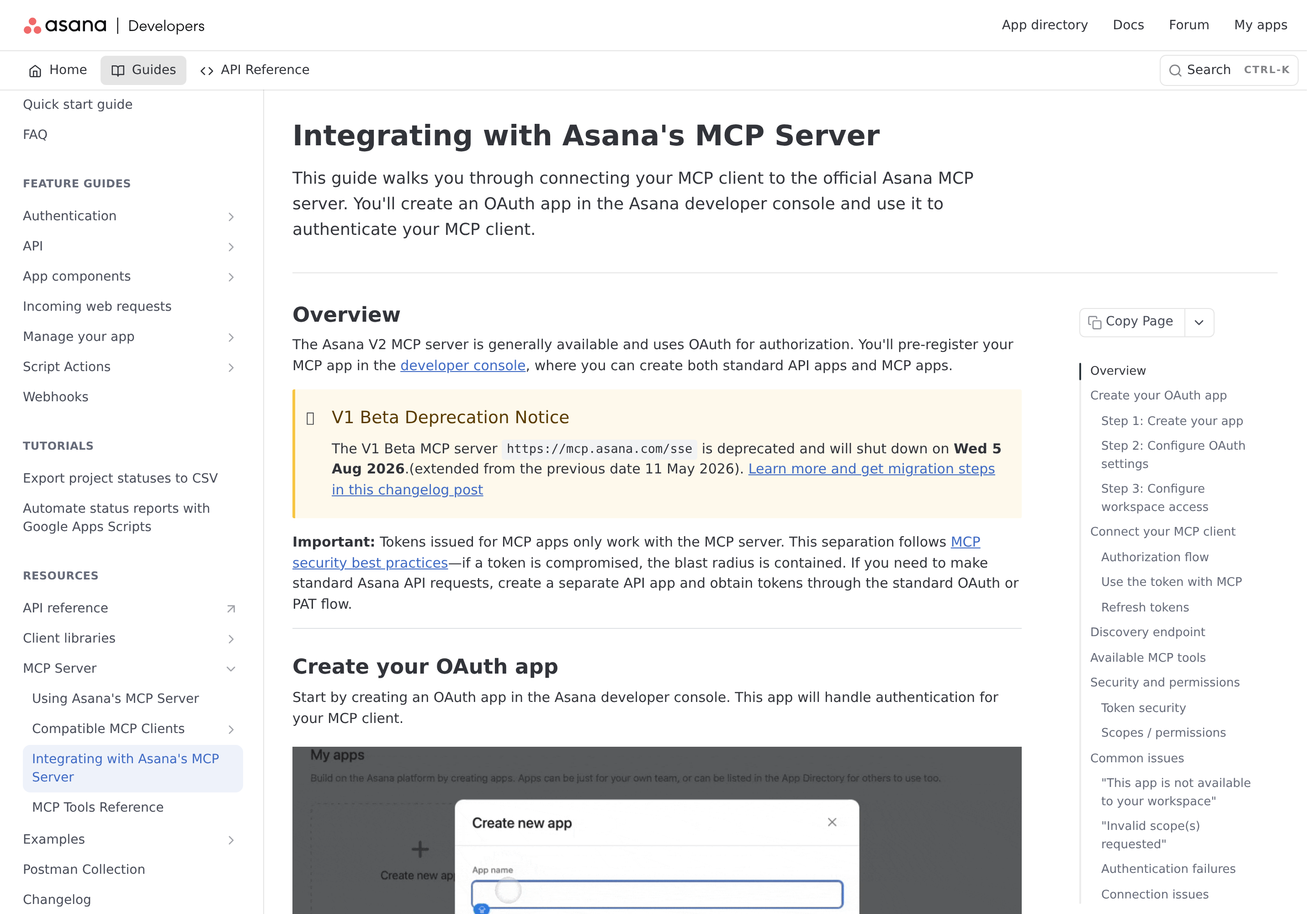 Integrating with Asana's MCP Server — OAuth app creation and the V1 beta deprecation notice