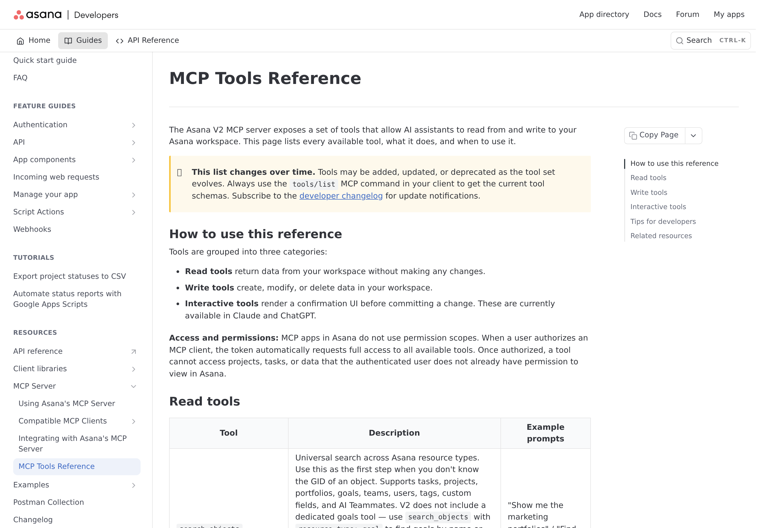 Asana MCP tools reference — the official V2 read, write, and interactive tool tables