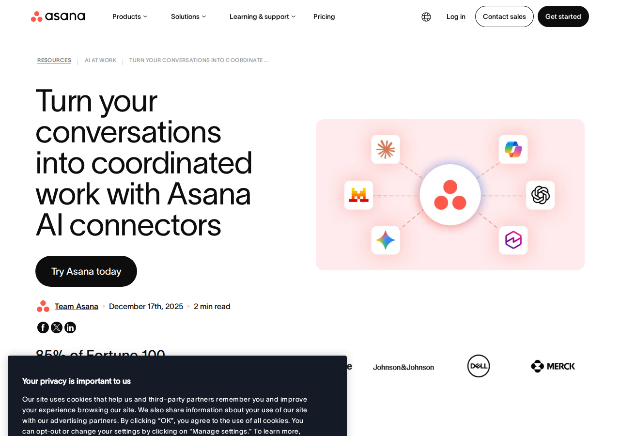 Asana AI Connectors — official Asana product page showing ChatGPT, Claude, Copilot, Gemini, Le Chat, and Quick Suite integrations