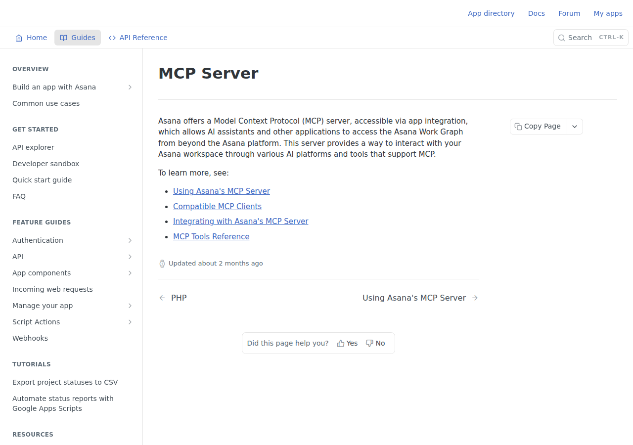 Asana MCP server developer documentation — official API reference for mcp.asana.com/v2/mcp
