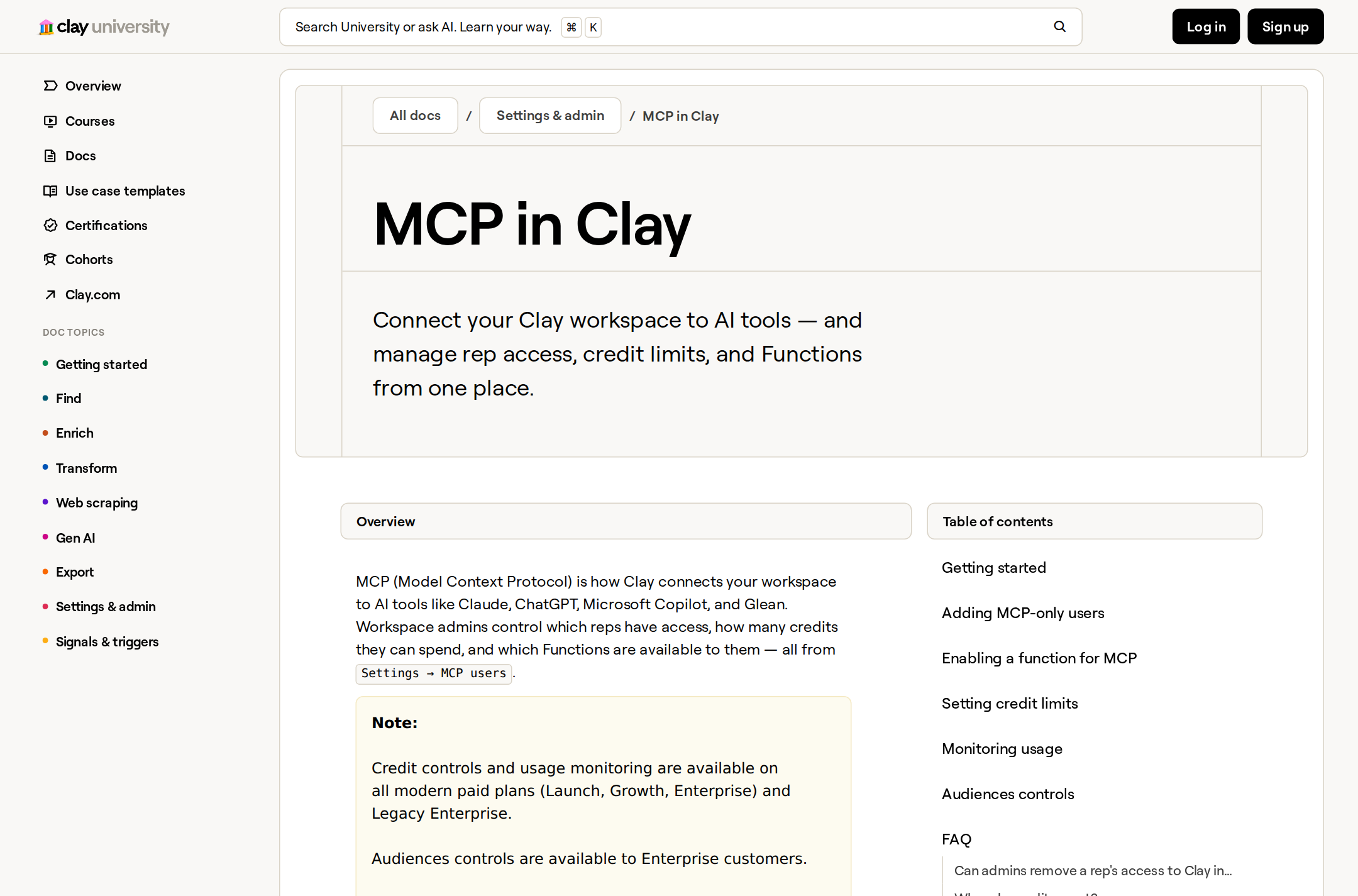 Clay's MCP admin docs — Sales Rep permission type, credit budgets, and the MCP users table