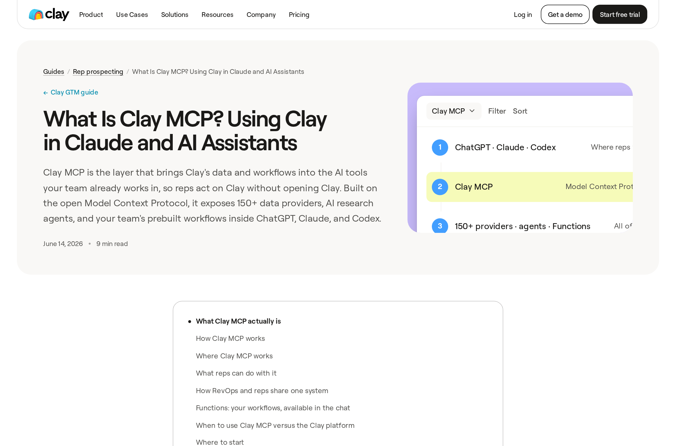 Clay's official MCP guide — the assistant stays the interface, MCP is the bridge, Clay's 150+ providers do the work