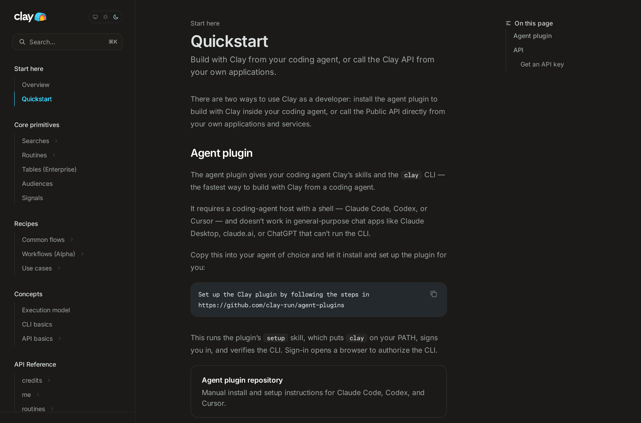 Clay's Public API quickstart — the agent plugin needs a shell, and the API key path is the server-side one