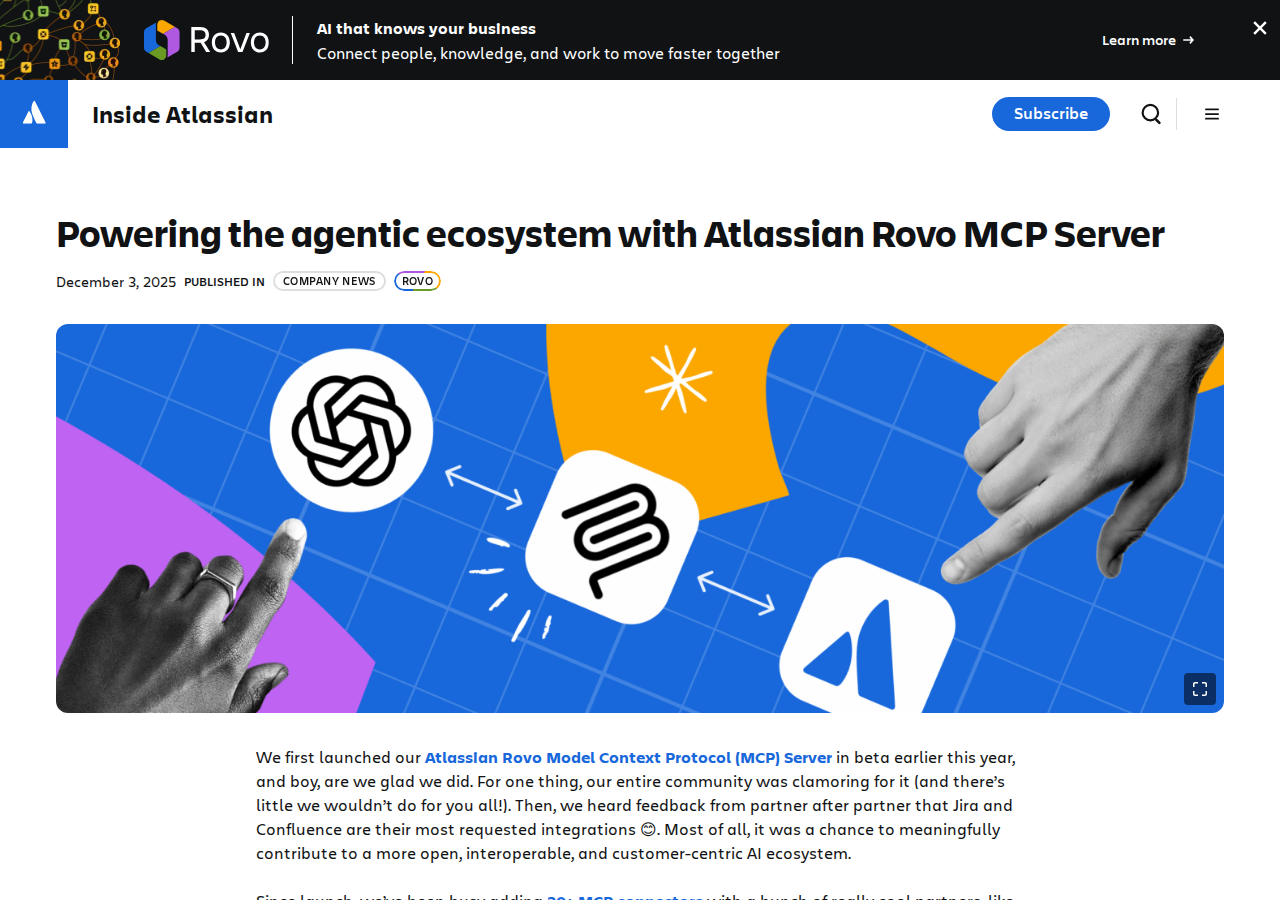 Atlassian Rovo MCP Connector for ChatGPT — official blog announcement from December 2025