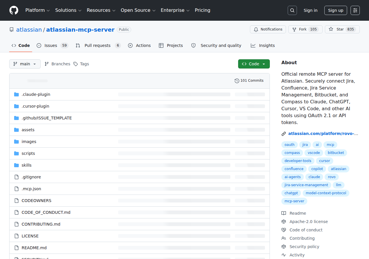 Atlassian MCP Server — official GitHub repository showing support for Confluence, Jira, Bitbucket, and Compass