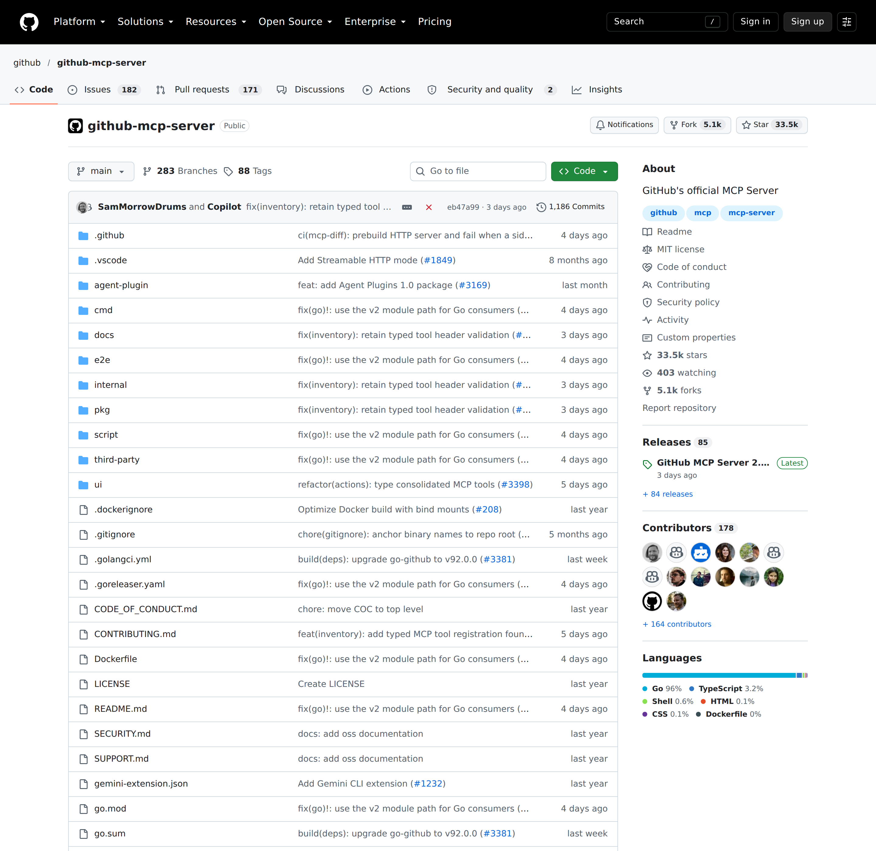 The GitHub MCP Server repository — official, first-party, MIT-licensed