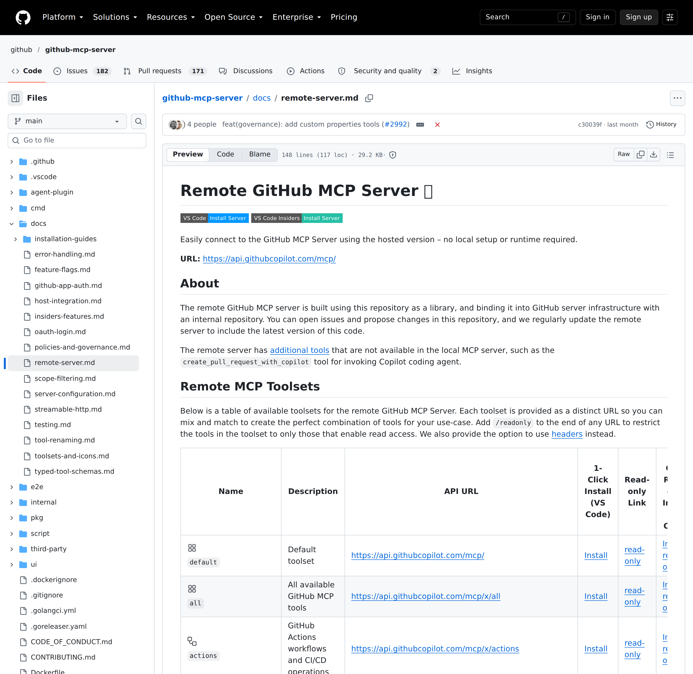 The remote server's toolset table in GitHub's own docs