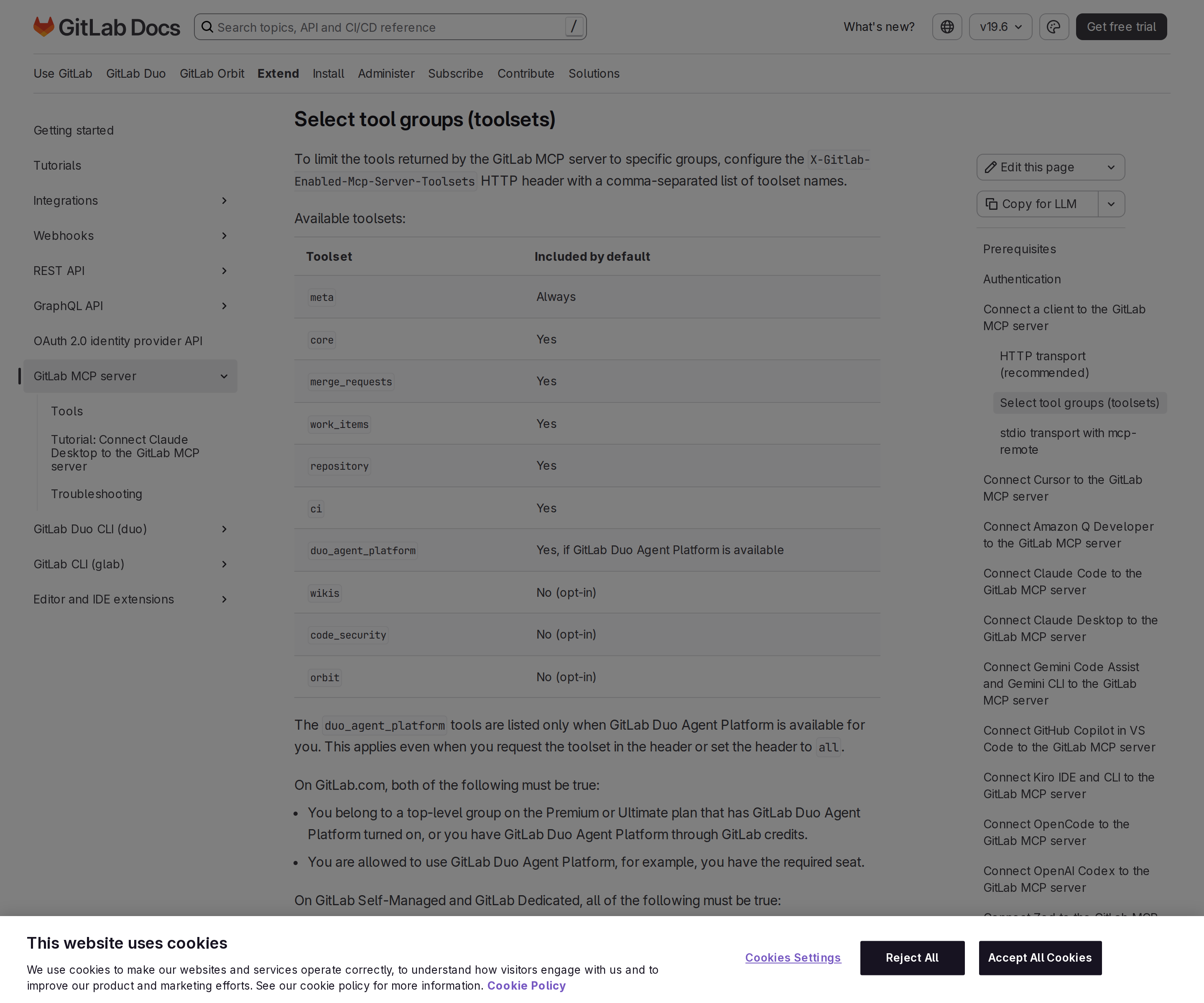 GitLab MCP toolsets table — meta, core, merge_requests, work_items, repository, ci, and the opt-in groups
