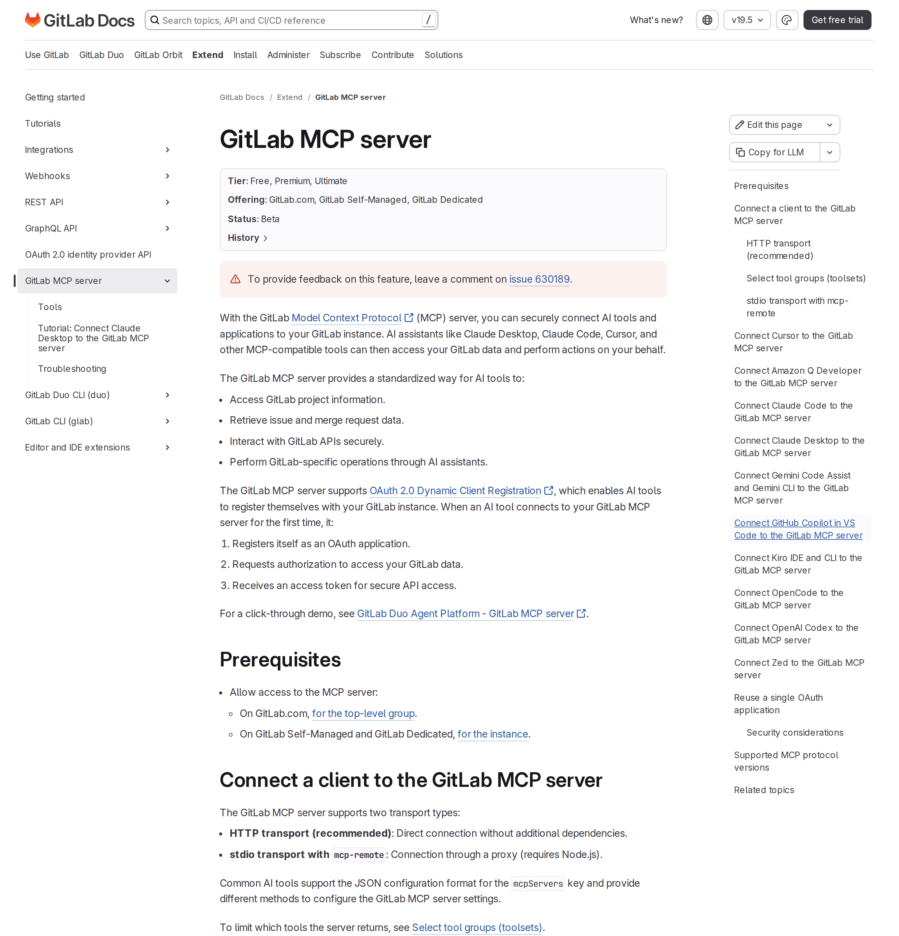 GitLab MCP server documentation — tiers, history, and transport options