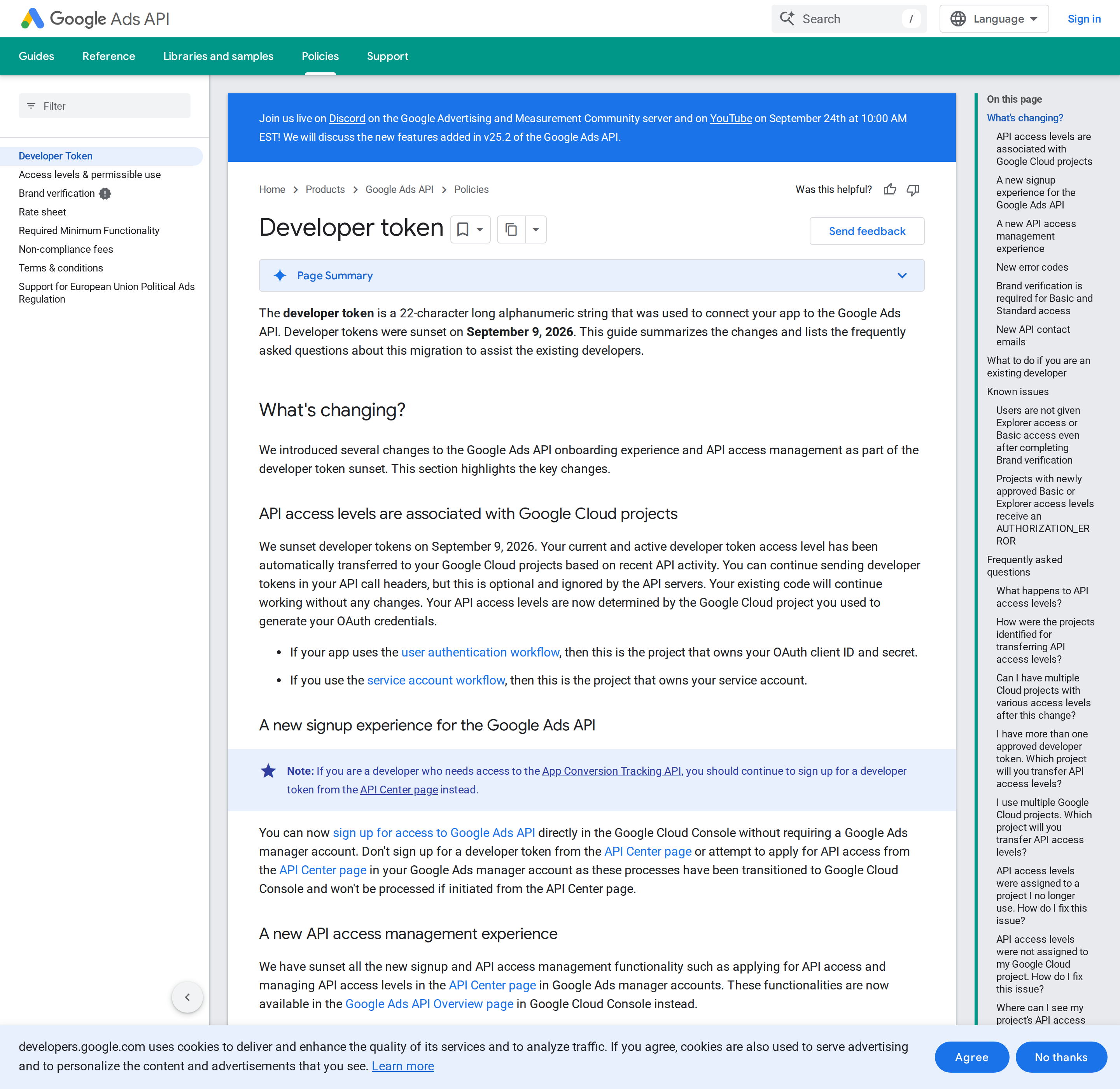 Google Ads API developer token and access levels documentation