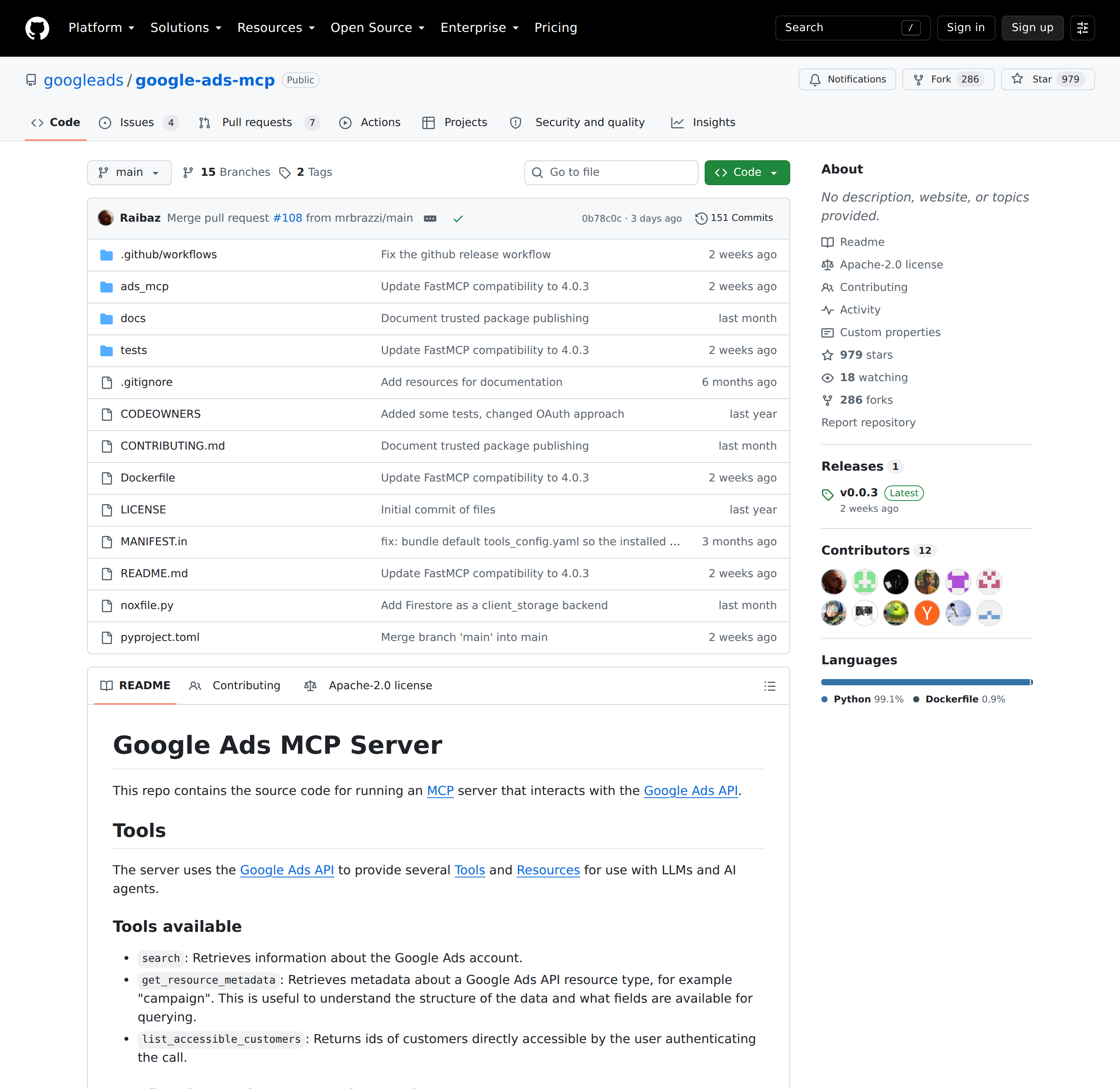 The official googleads/google-ads-mcp repository — Google's own MCP server for the Google Ads API