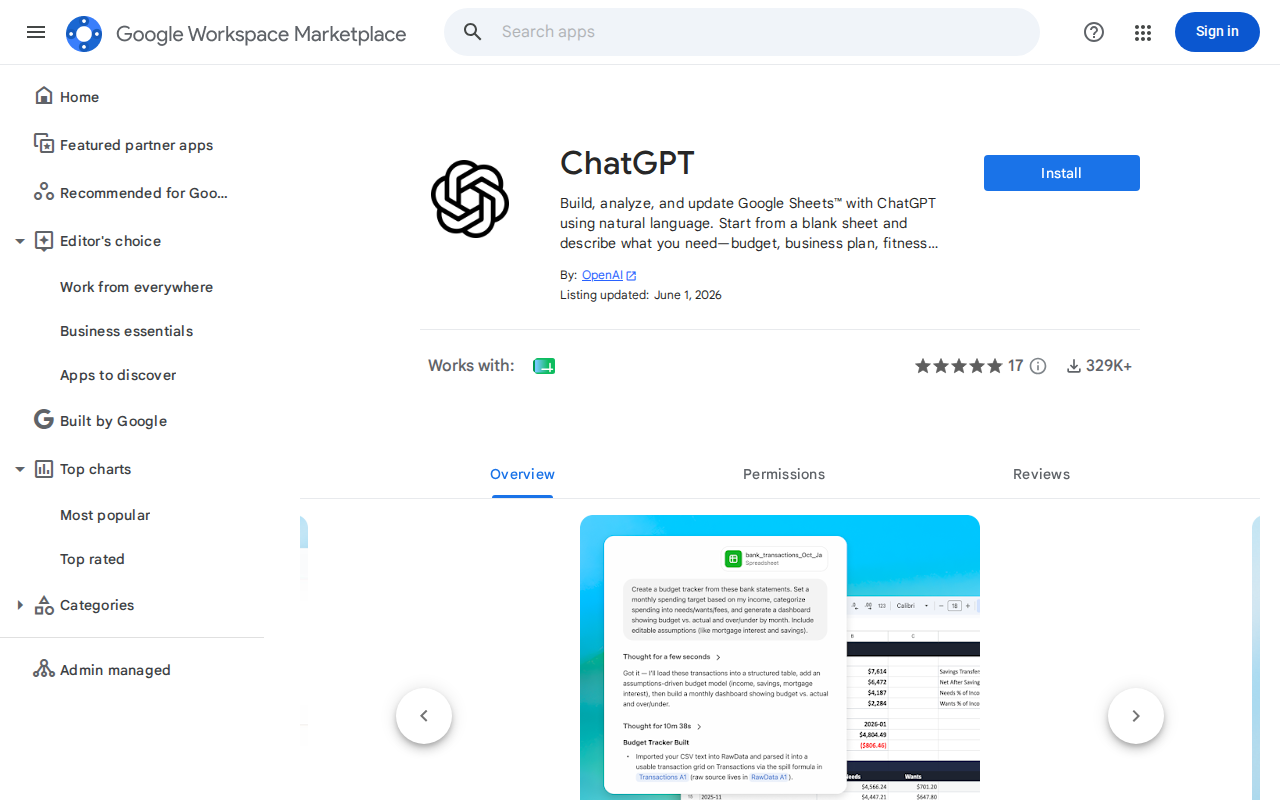 ChatGPT listing on Google Workspace Marketplace — 329K+ users, 4.88 rating, built by OpenAI