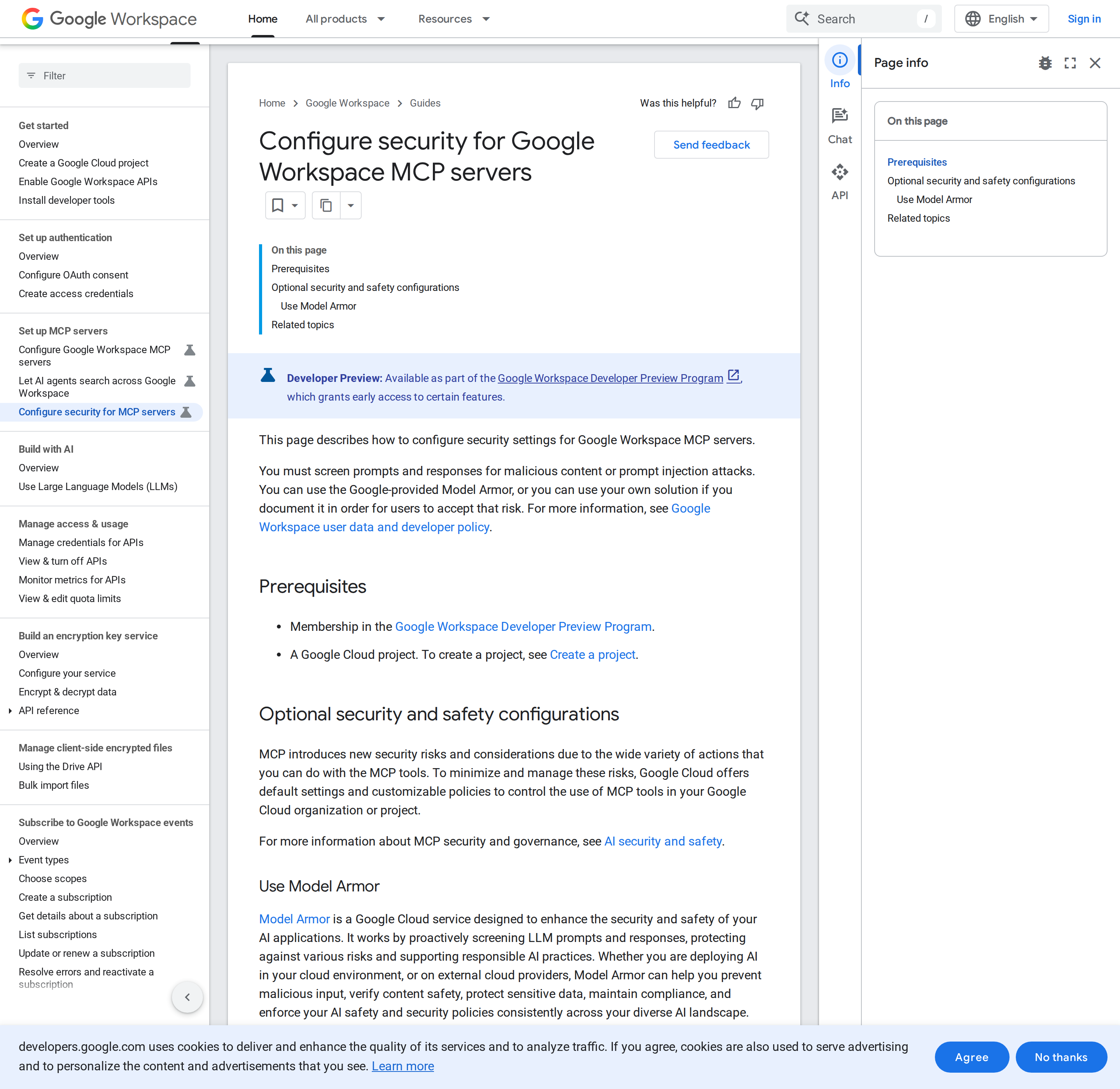 Configure security for Google Workspace MCP servers — Model Armor and prompt screening