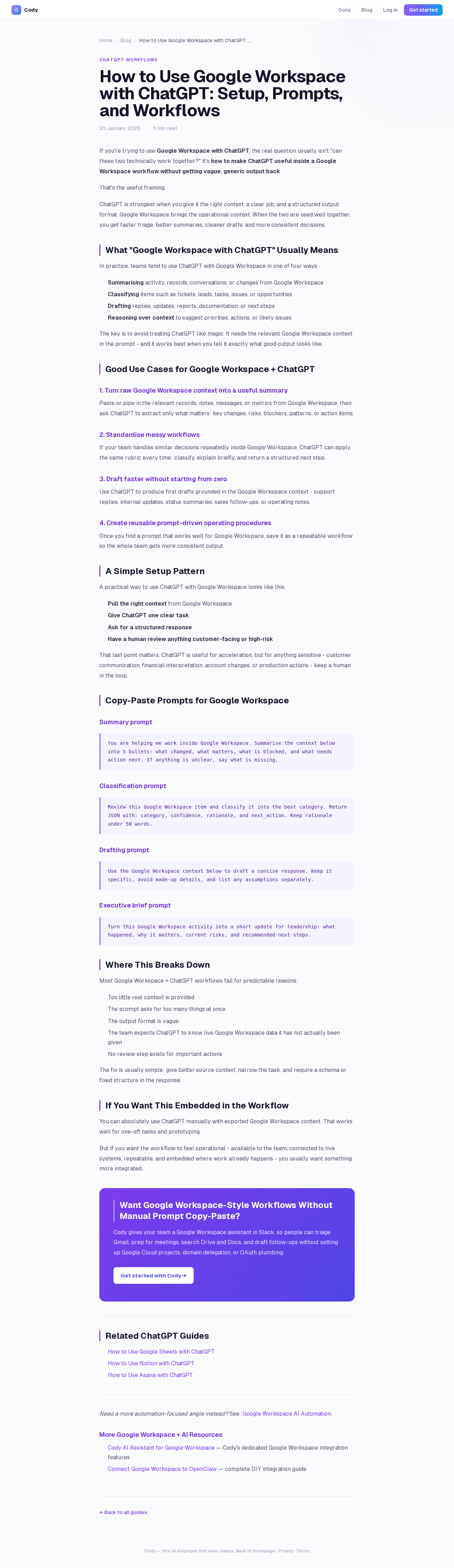 Current Google Workspace + ChatGPT page on Cody