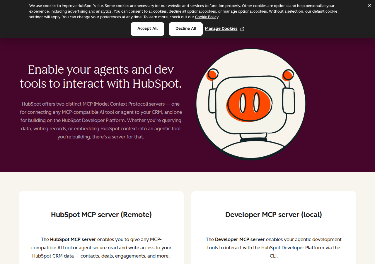HubSpot's official MCP server landing page — mcp.hubspot.com, GA April 2026, covering CRM data access for any MCP-compatible AI tool