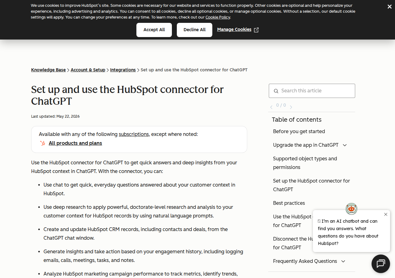 HubSpot knowledge base setup guide for ChatGPT connector