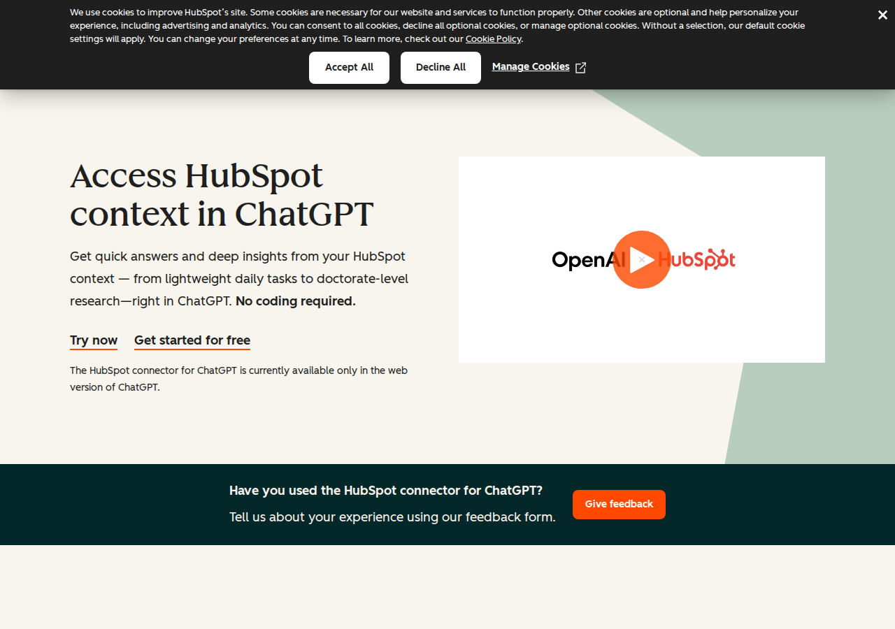HubSpot official ChatGPT connector landing page