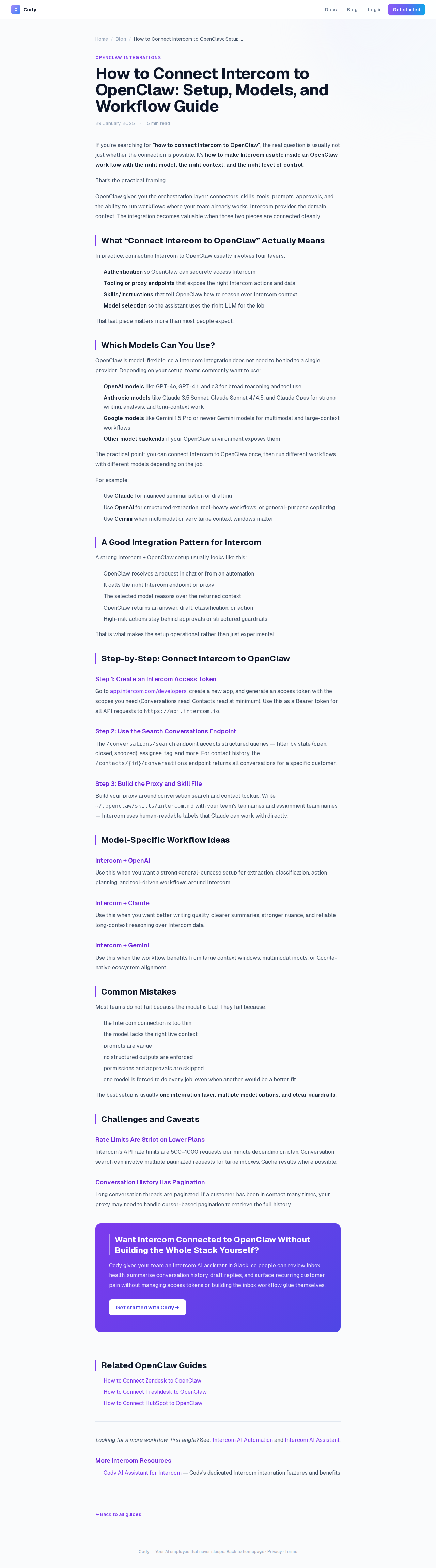 Current Intercom + OpenClaw page on agentcody.ai — the template before enrichment
