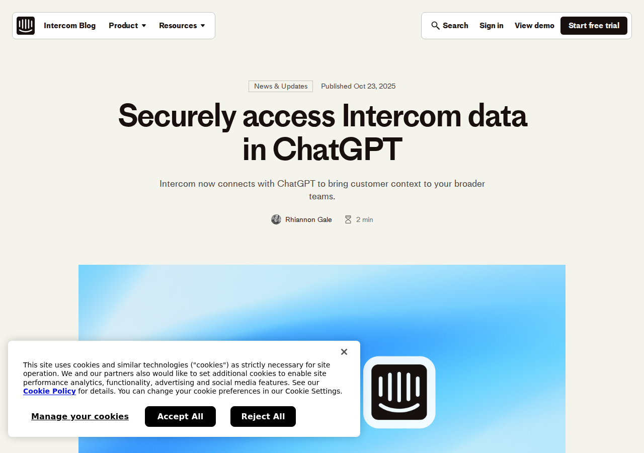 Intercom's official ChatGPT connector announcement — securely access conversations, tickets, and user data