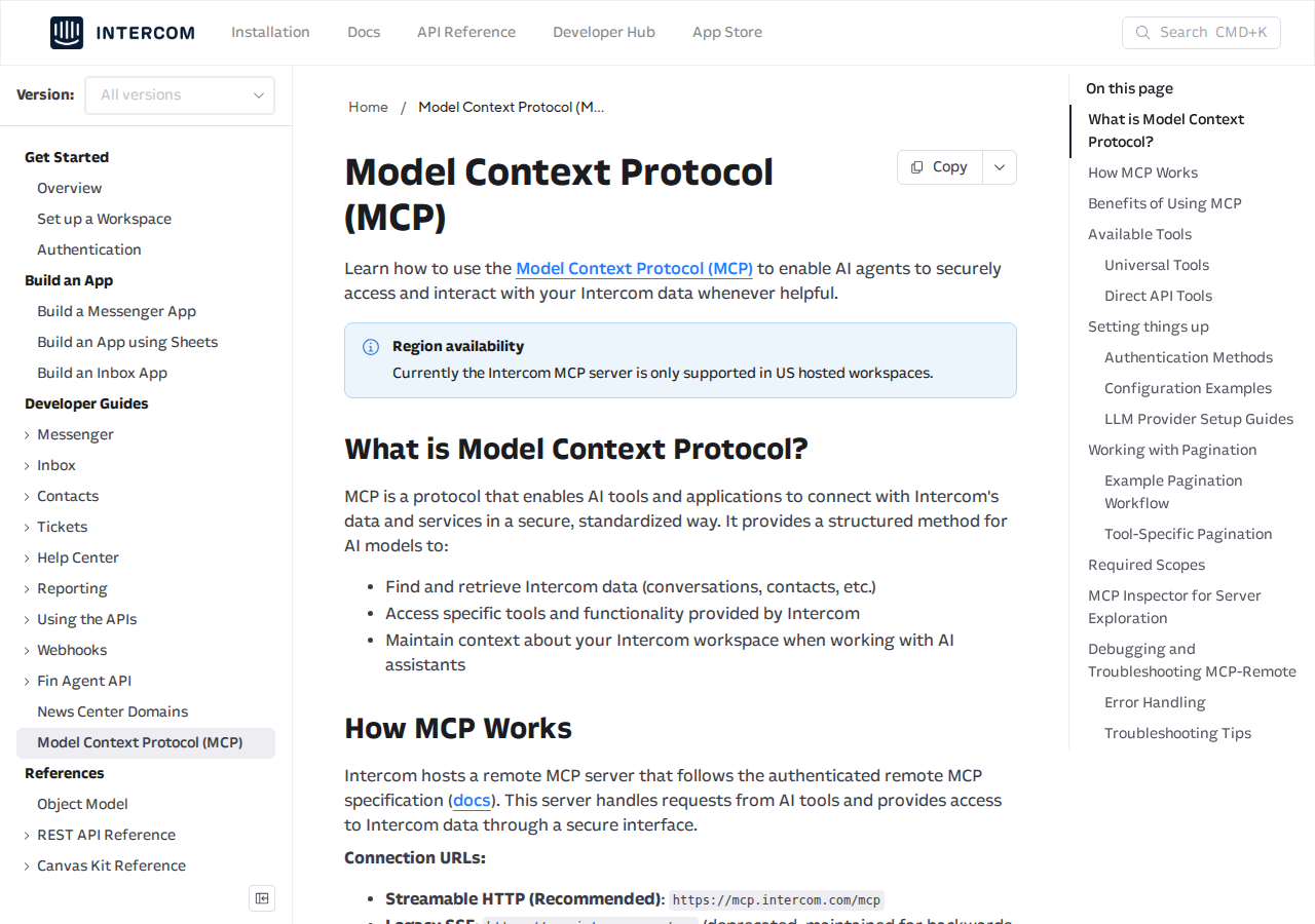 Intercom's official MCP server documentation — remote authenticated MCP with 13 tools
