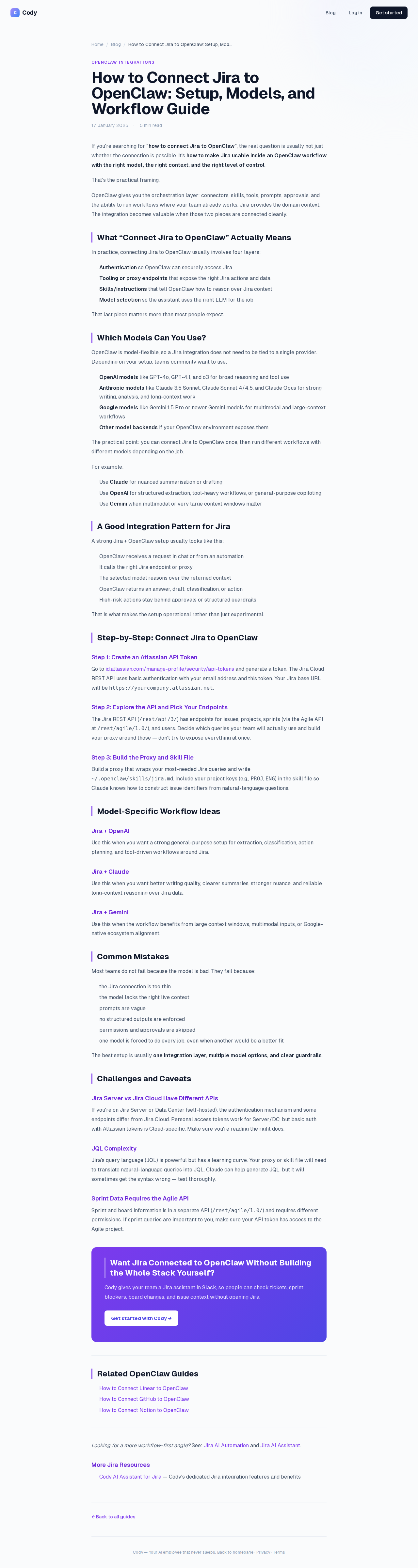 Cody Jira + OpenClaw live page on agentcody.ai — the template page being enriched