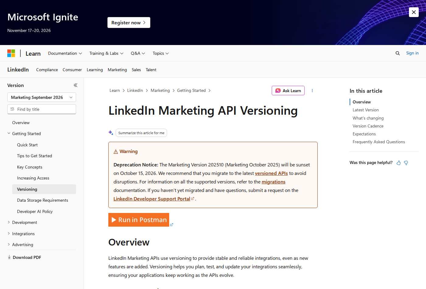 LinkedIn Marketing API versioning — sunset dates are announced in advance