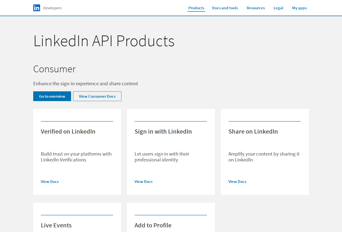 LinkedIn API product catalog — the surfaces you can actually apply for