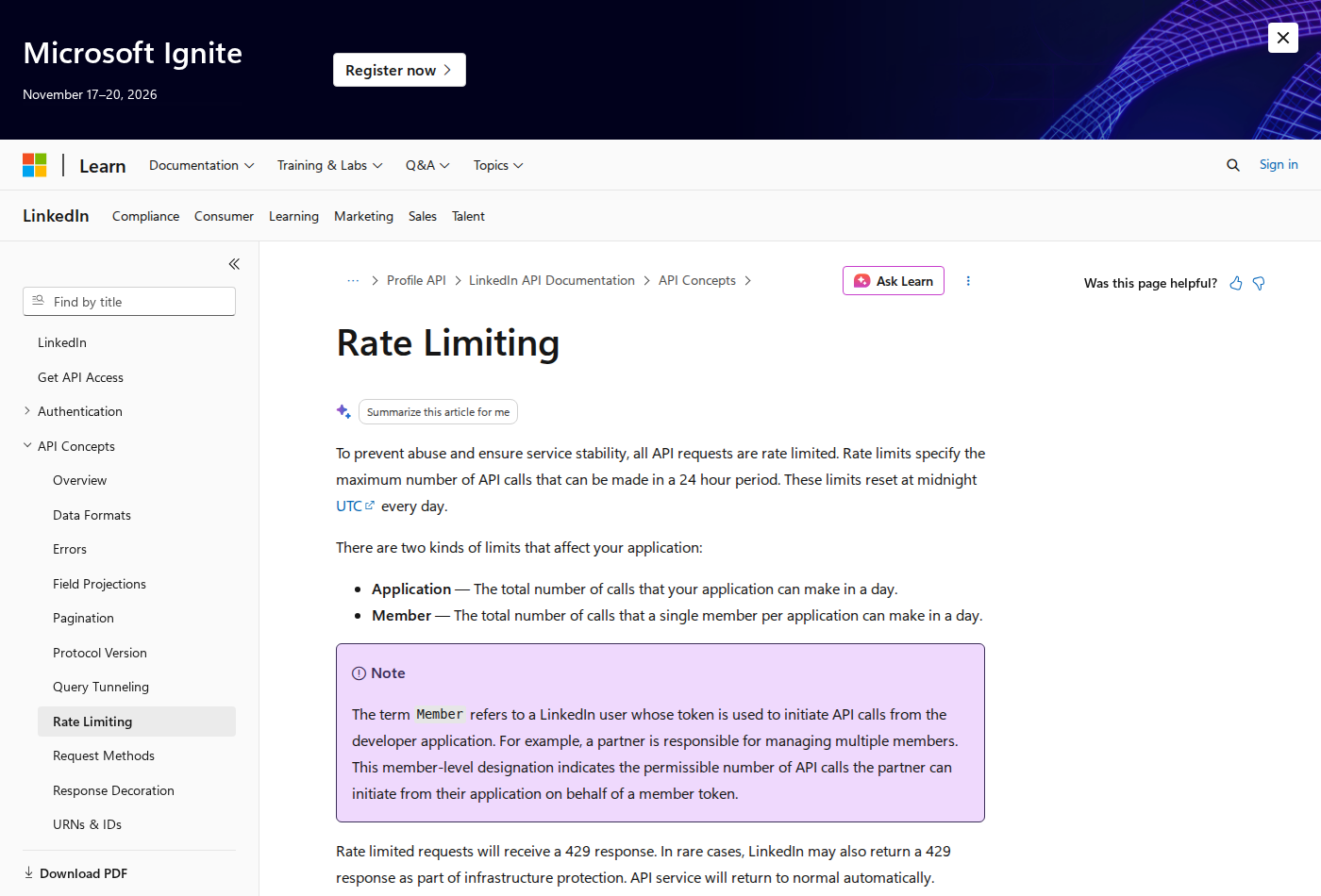 LinkedIn API rate limiting — per-application and per-member limits