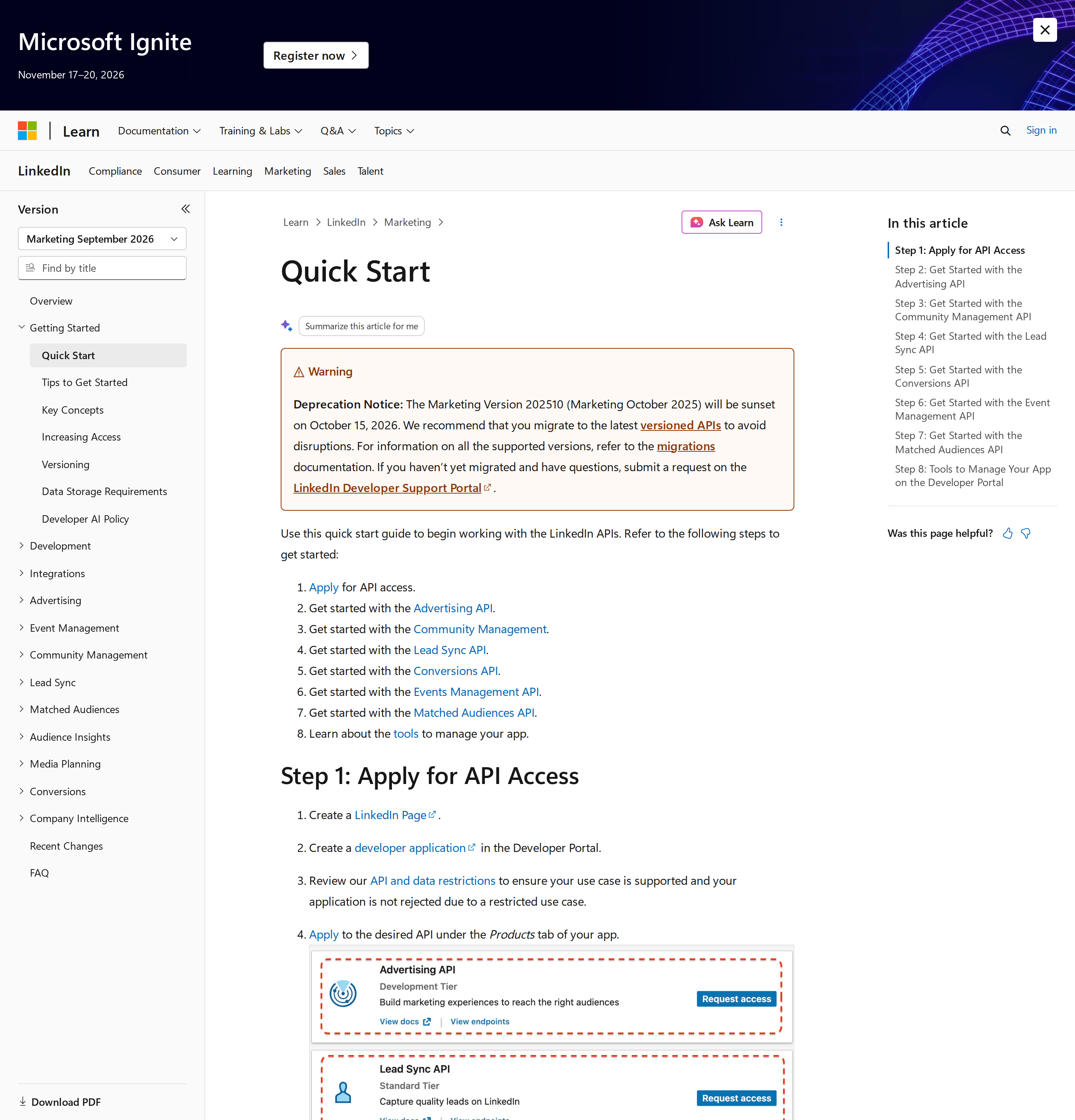LinkedIn API Quick Start documentation — the developer app and product application flow the official route requires