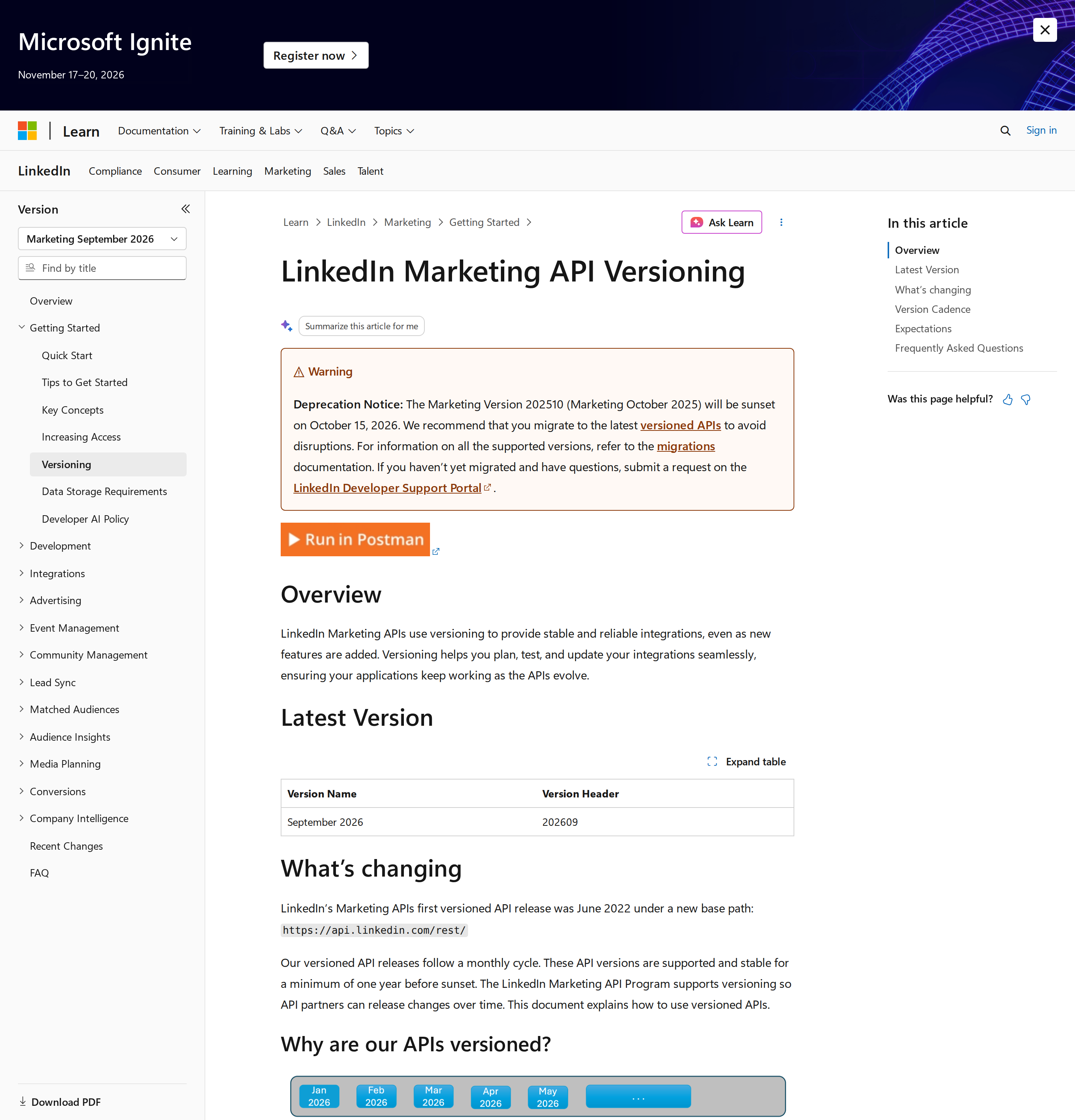LinkedIn Marketing API versioning documentation — the LinkedIn-Version header and the version sunset cycle