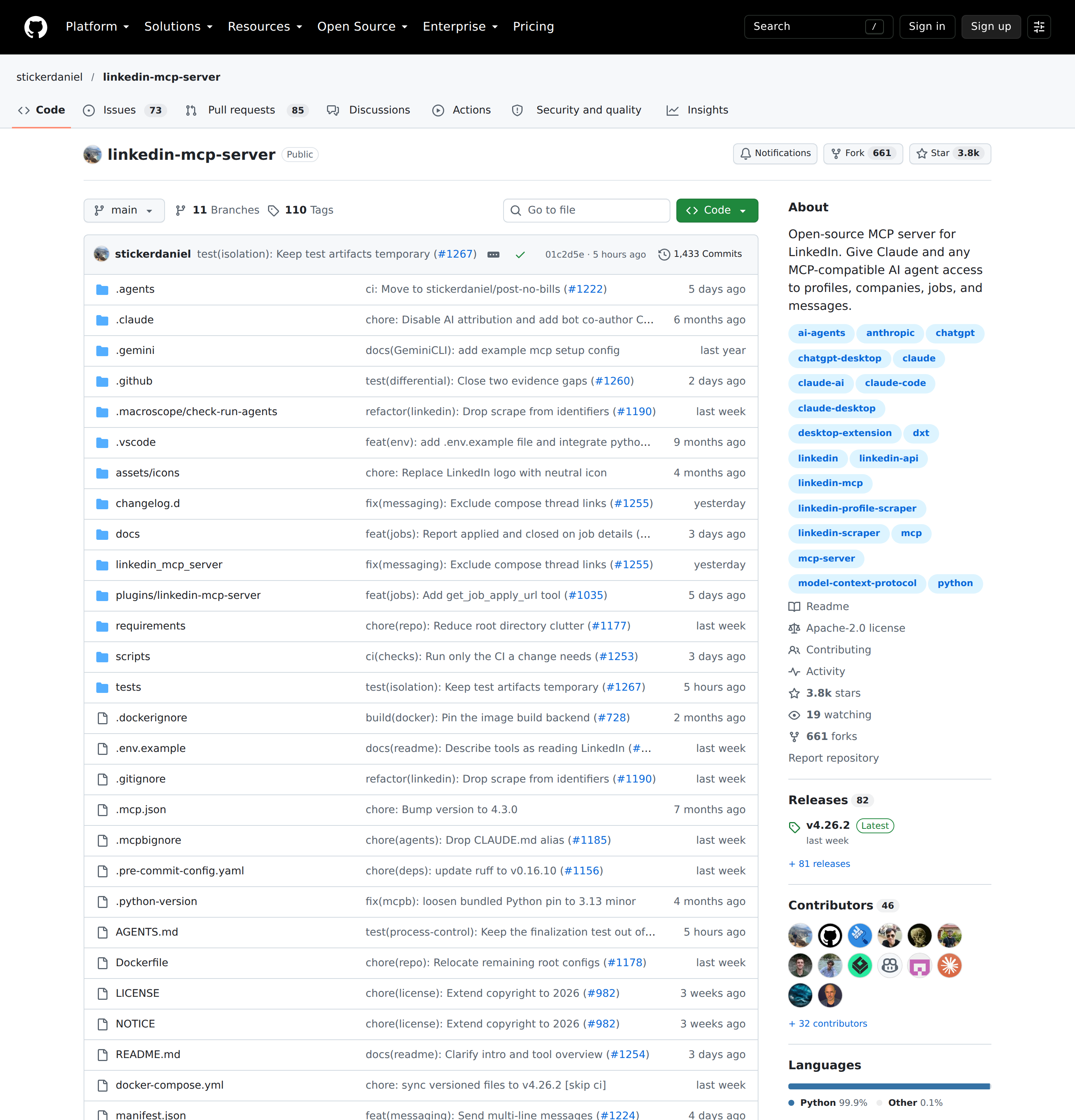 The stickerdaniel/linkedin-mcp-server GitHub repository — the most-starred open-source LinkedIn MCP server