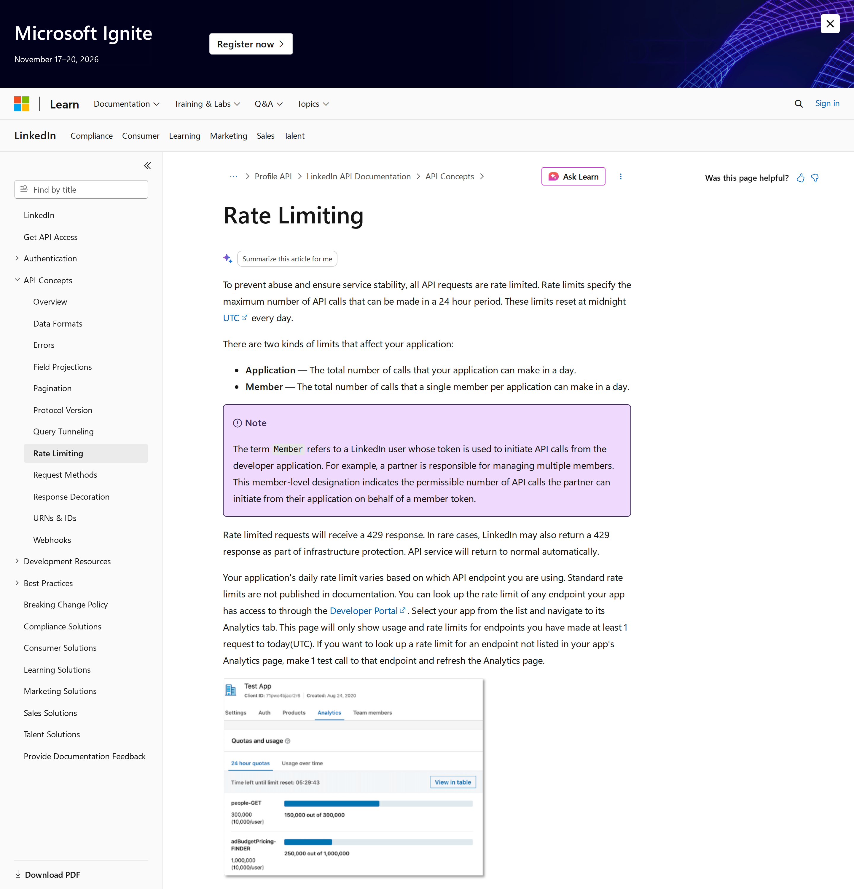 LinkedIn API rate limiting documentation — Application vs. Member limits and the Developer Portal usage view