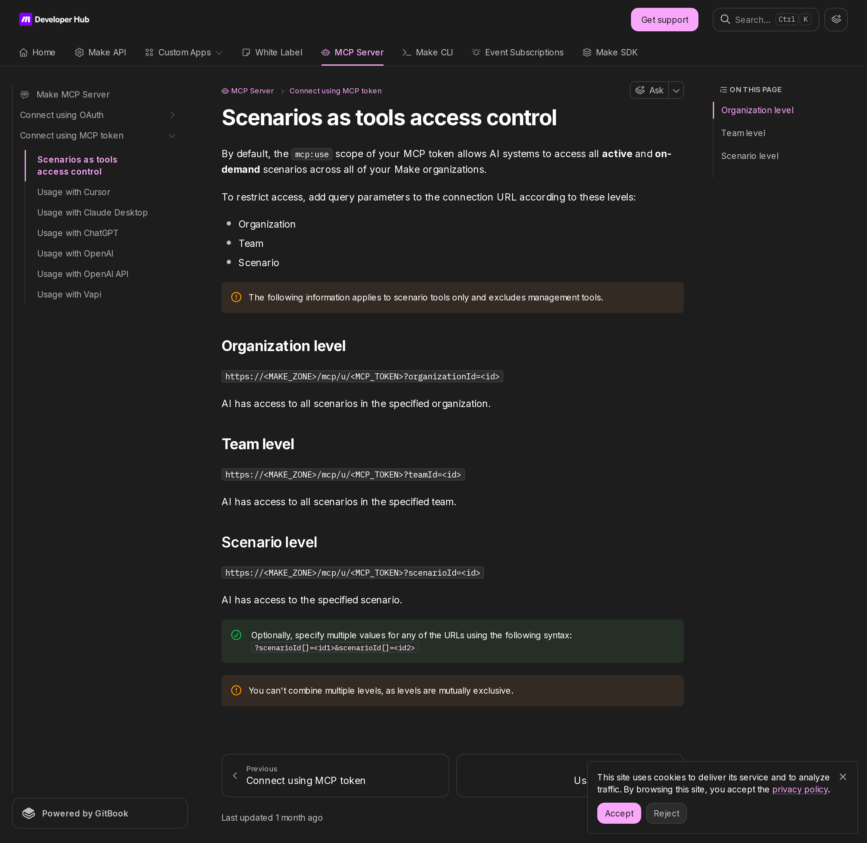 Scenarios as tools access control — org, team, and scenario level, mutually exclusive