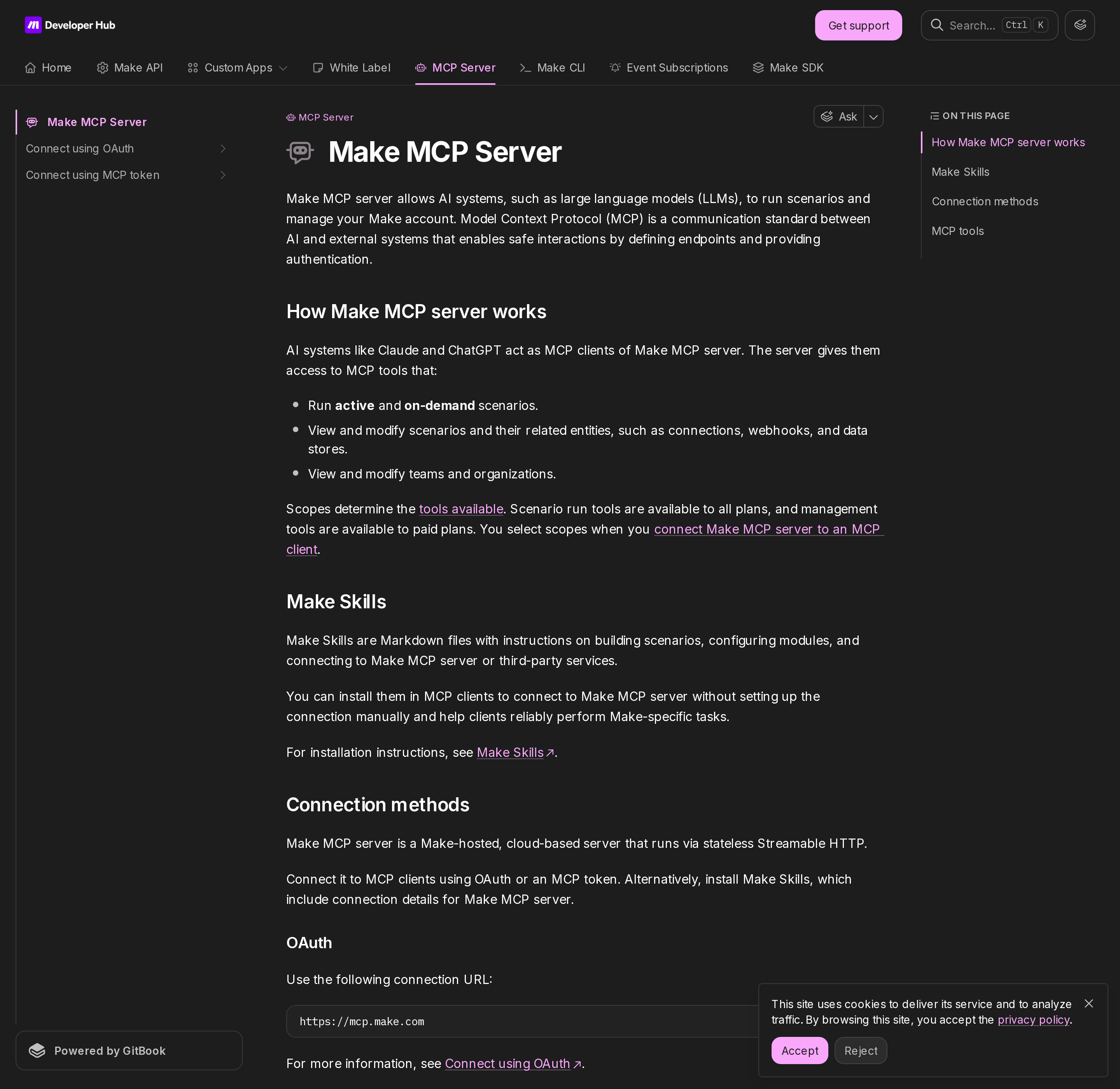Make MCP Server in the Make Developer Hub — hosted, stateless Streamable HTTP, OAuth and MCP-token connection methods