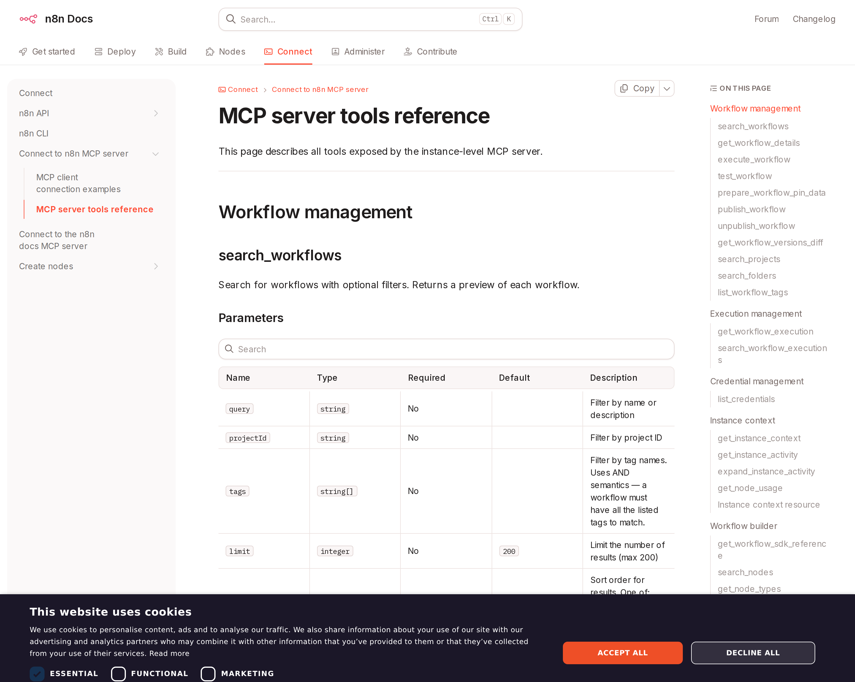 n8n-MCP's tool reference — node search, property inspection, and multi-level workflow validation