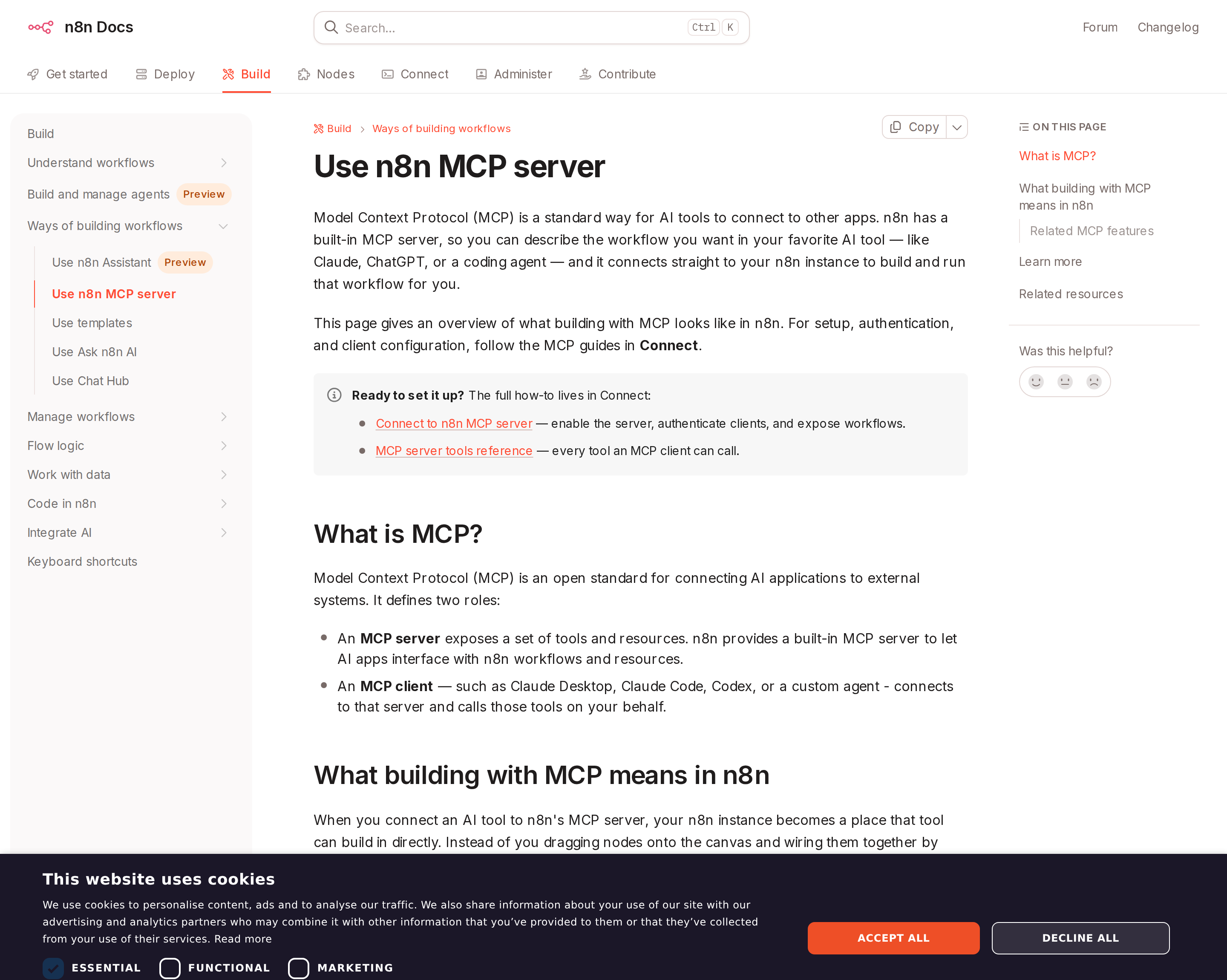 Building an agentic workflow in n8n — the MCP nodes sit in the same canvas as everything else