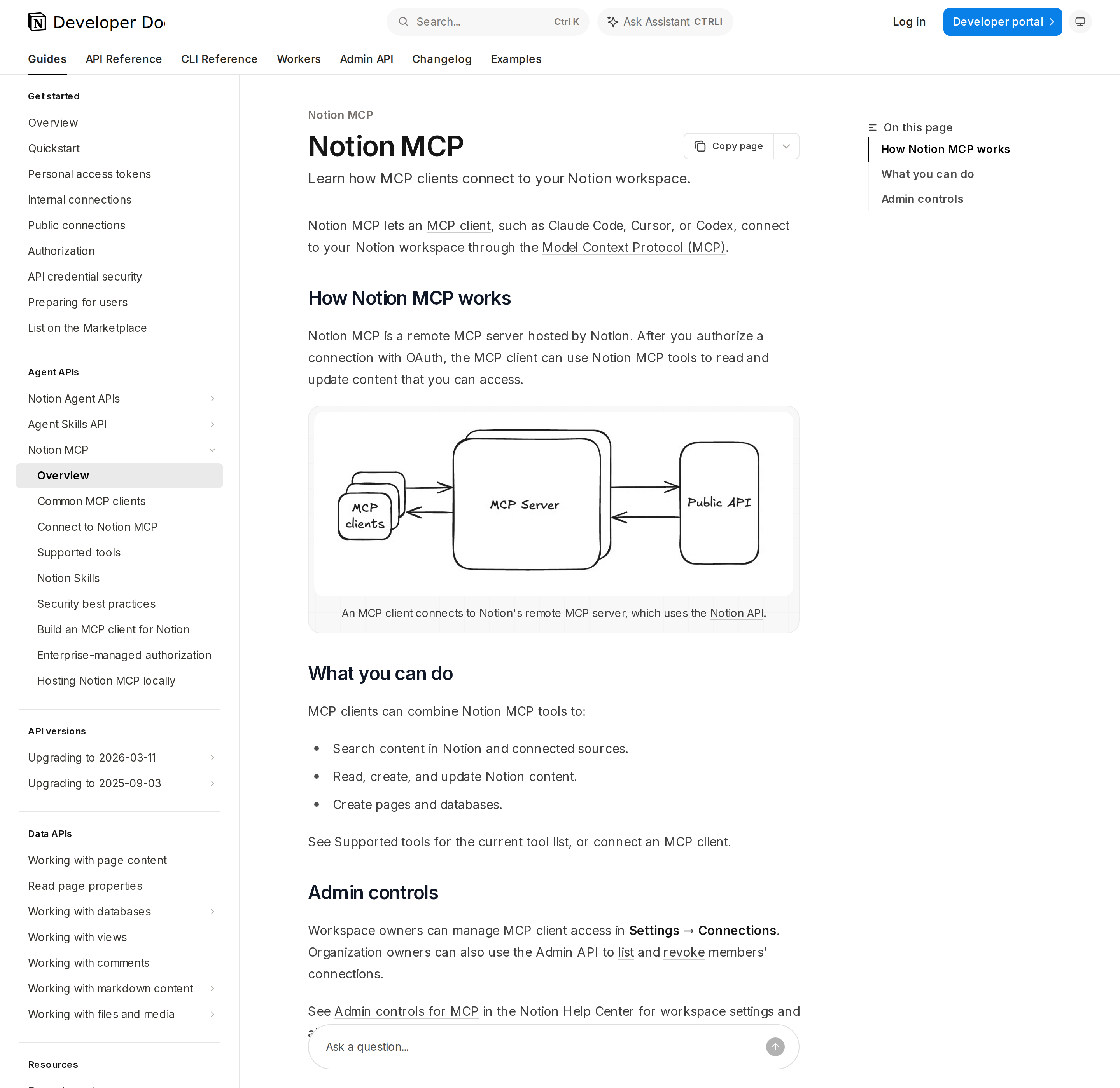 Notion MCP overview — the official hosted server and how an MCP client connects through the Notion API