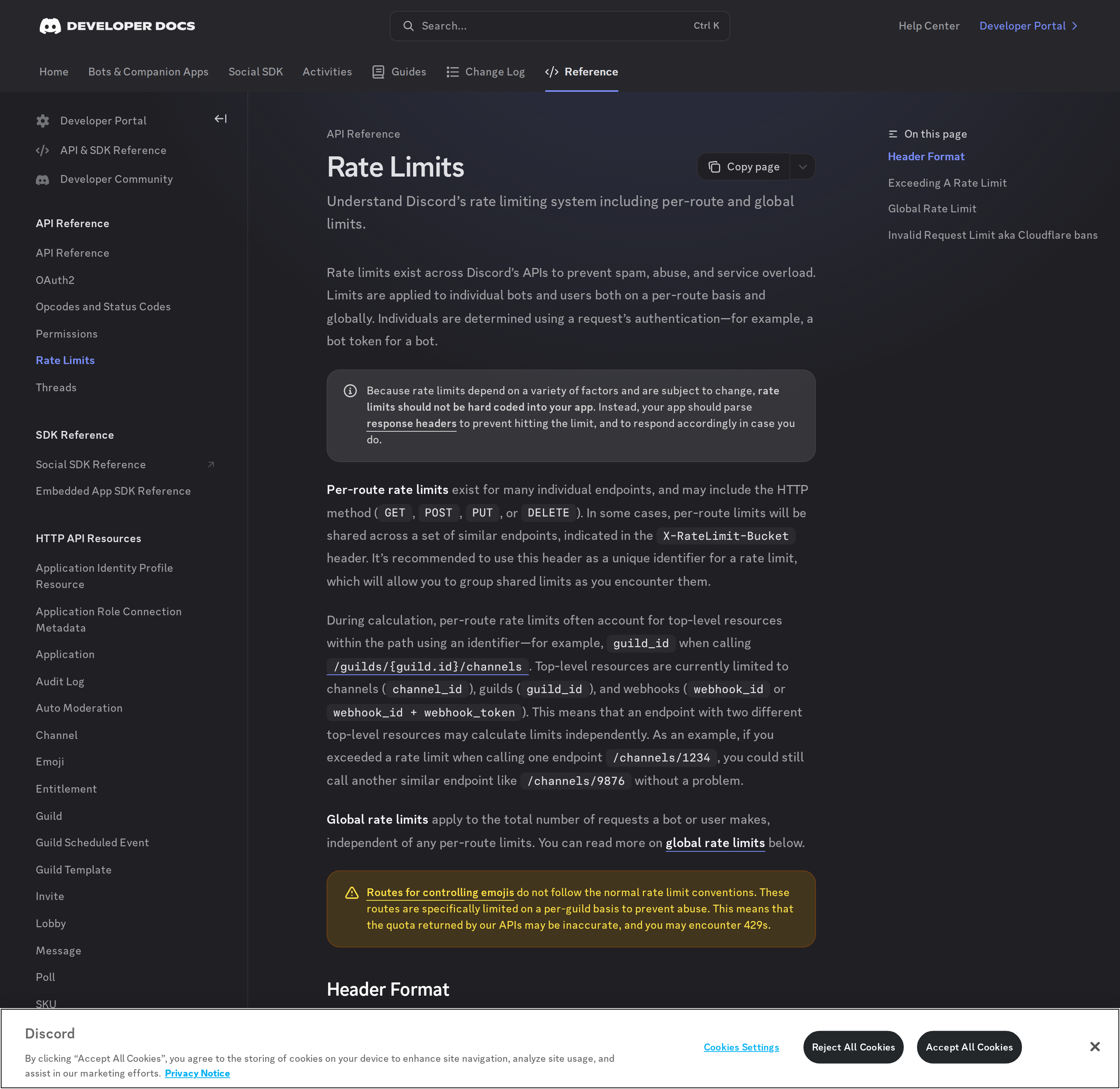 Discord rate limit documentation — per-route and global limits, with the X-RateLimit headers your agent must parse