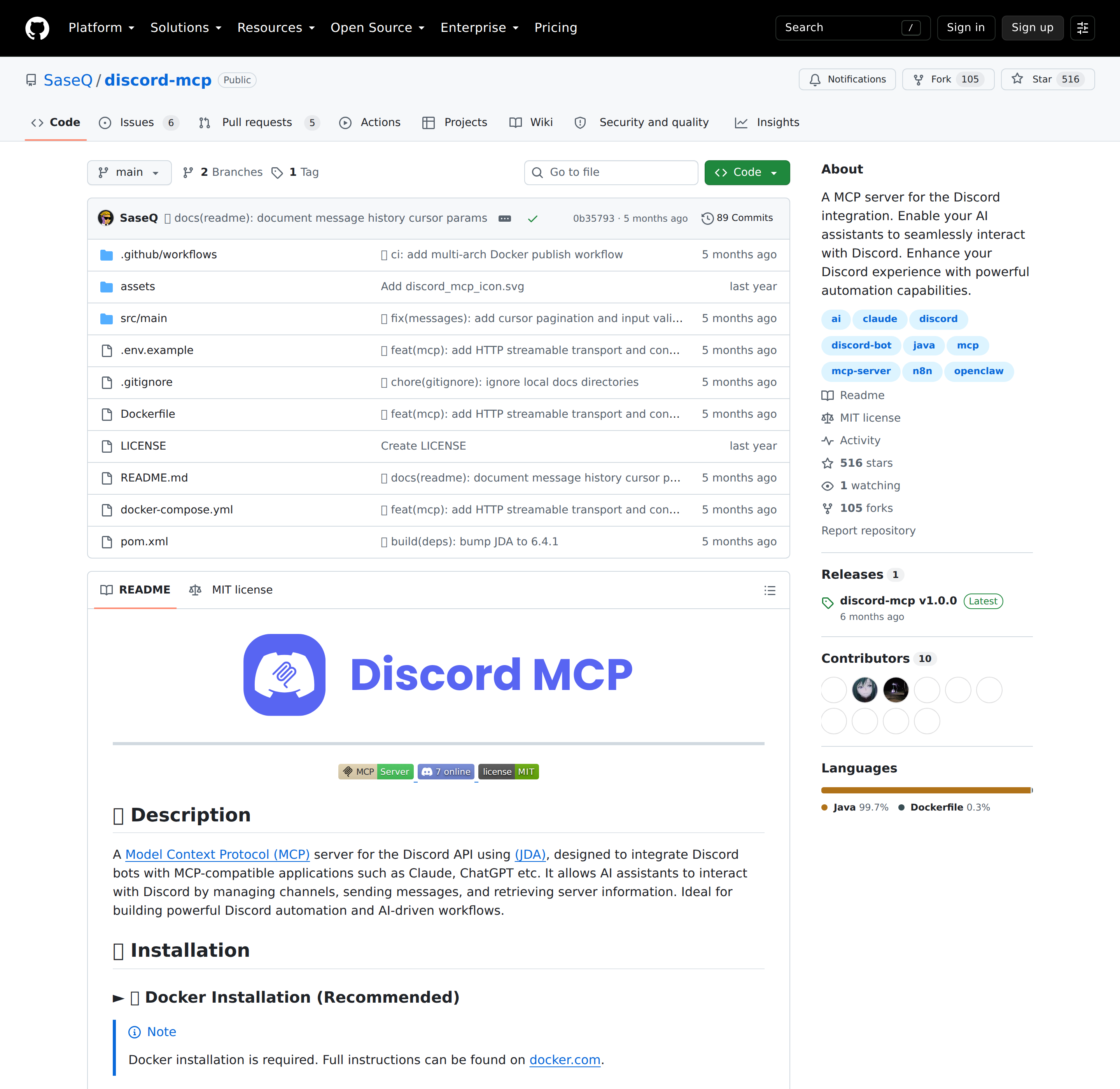 SaseQ/discord-mcp README — the community Discord MCP server, including its native OpenClaw connection command