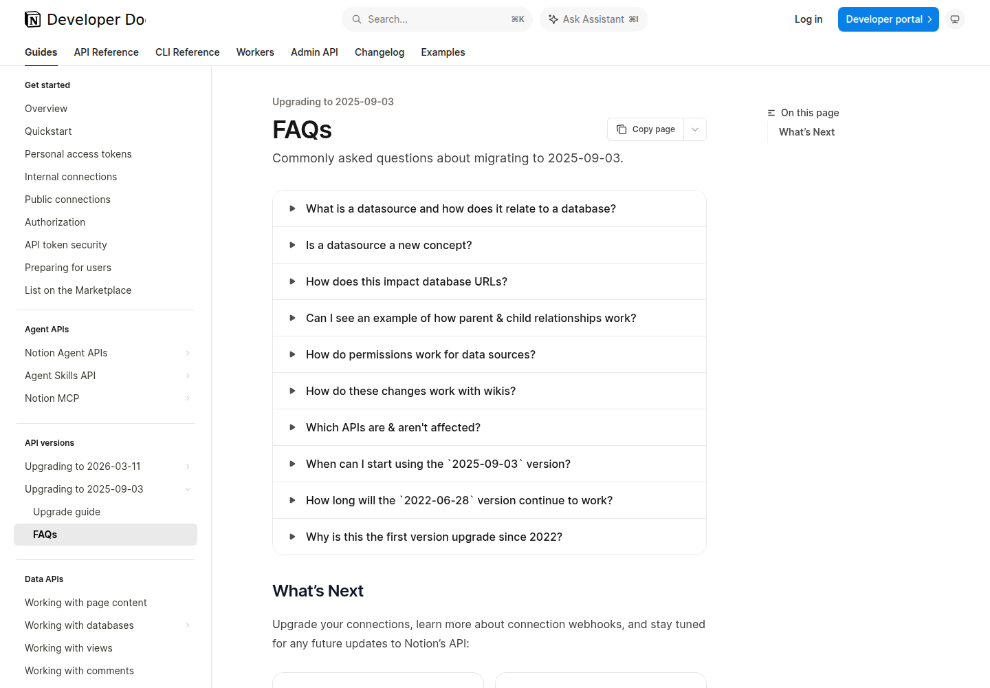 Notion's 2025-09-03 upgrade FAQs — the database/data-source split is the breaking change