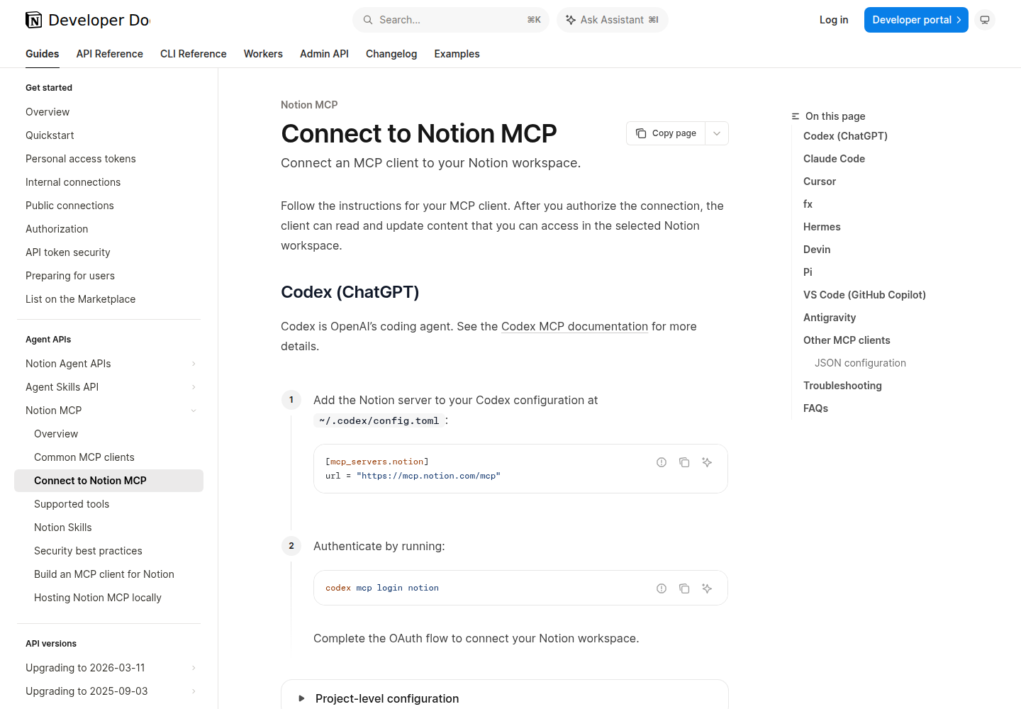 Notion's per-client setup instructions — the same remote endpoint is reused by Codex, Claude Code, Cursor, VS Code, Devin and others
