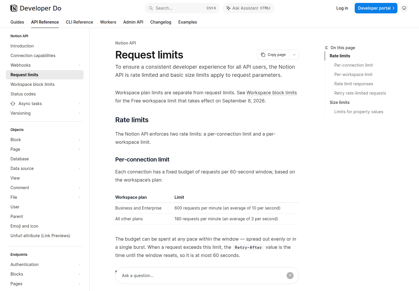 Notion API request limits — the two-layer per-connection and per-workspace rate limits