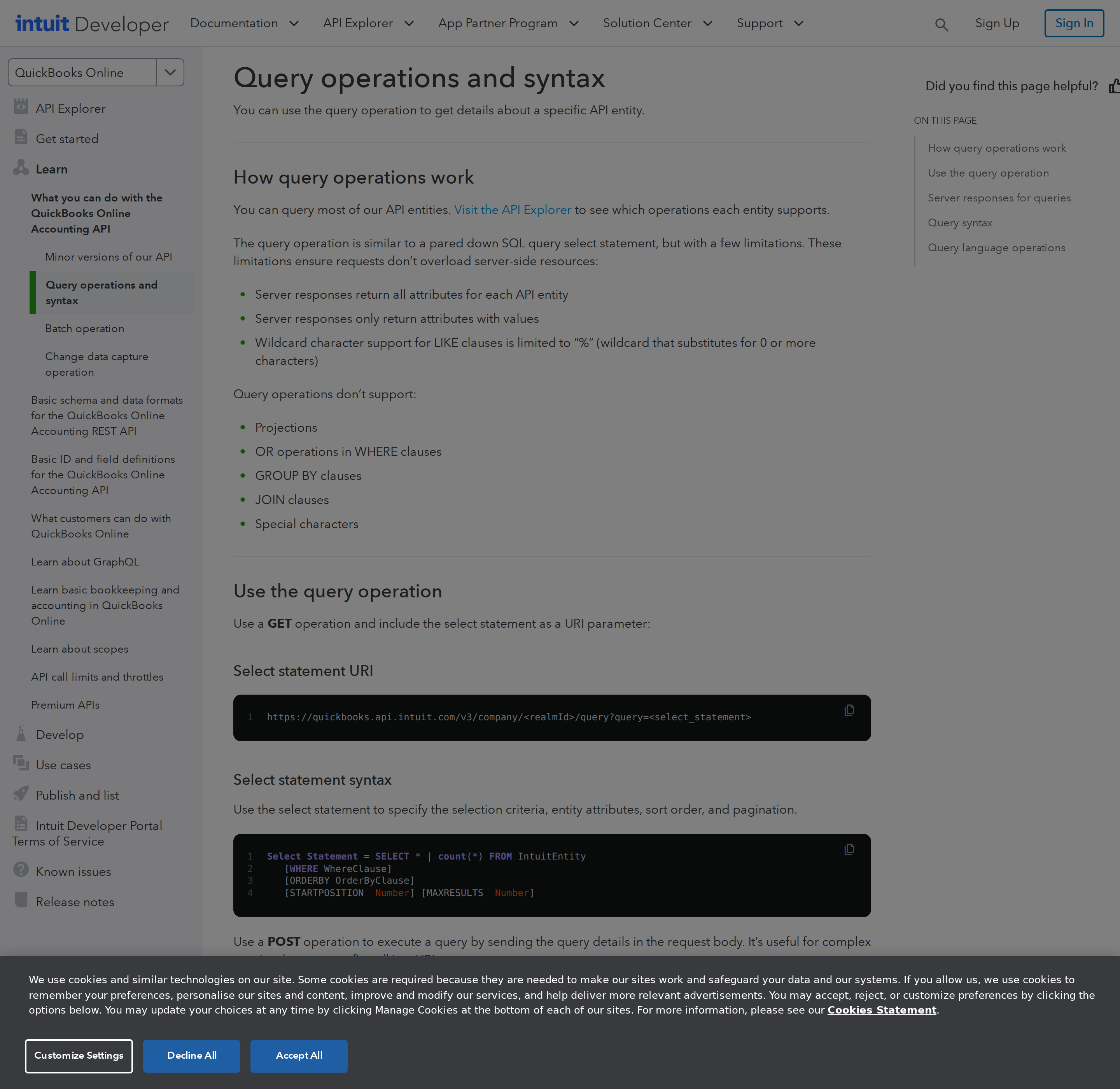 QuickBooks Online query operations and syntax — SELECT, STARTPOSITION and MAXRESULTS are documented on Intuit's developer site