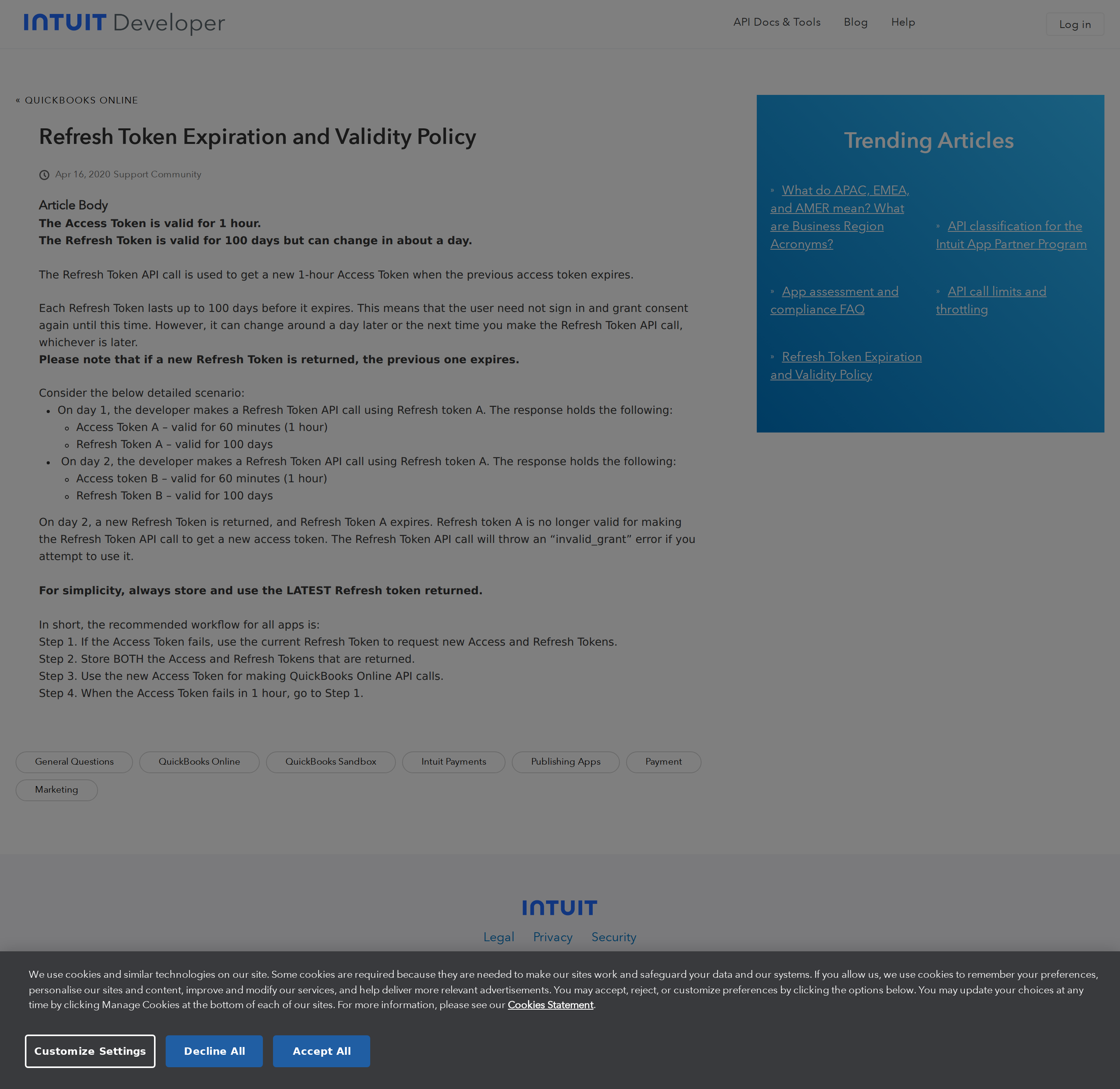 Intuit's refresh token validity policy — refresh tokens now carry a maximum validity period and a returned expiry field